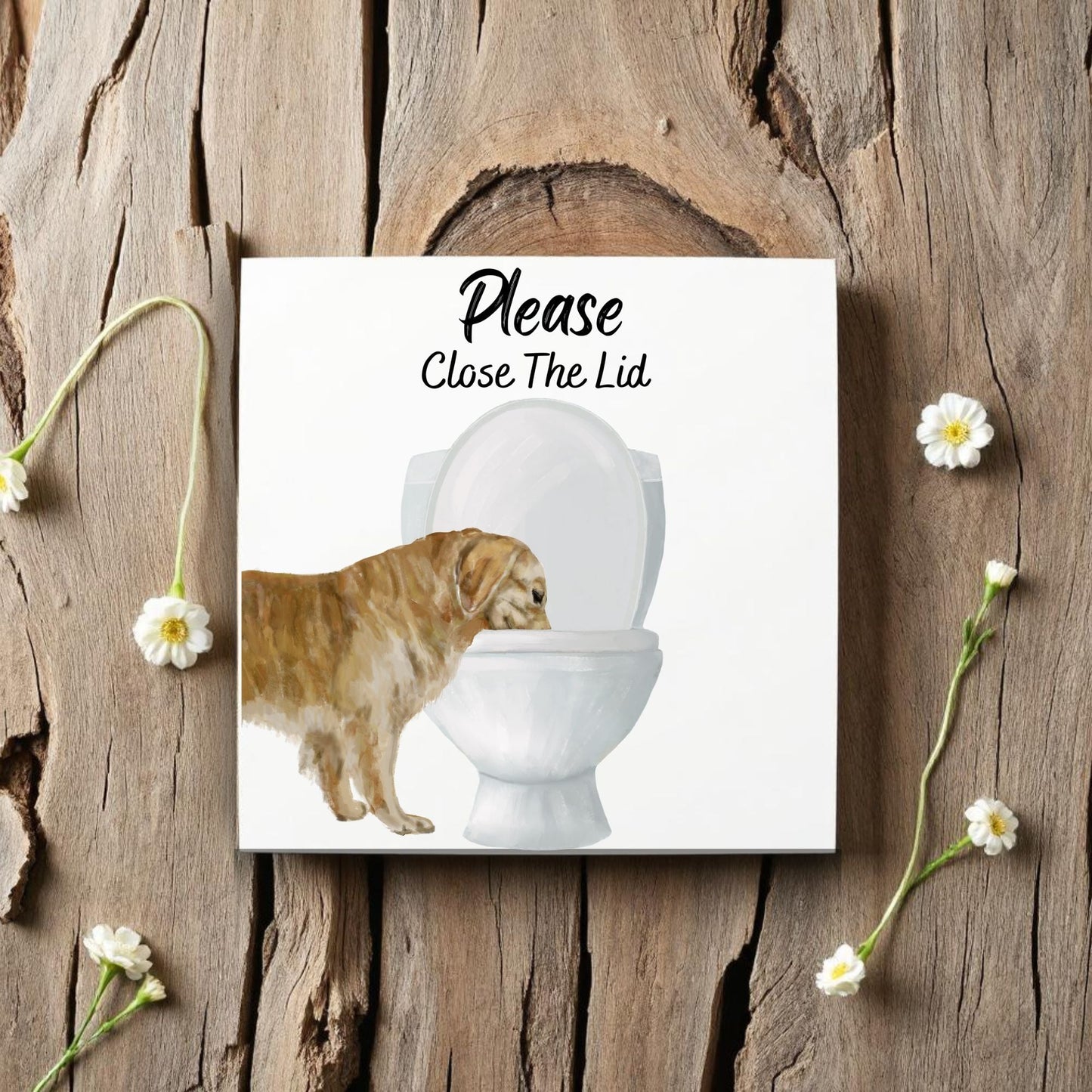 Golden Retriever Please Close The Lid Ceramic Tile - MerikaArt