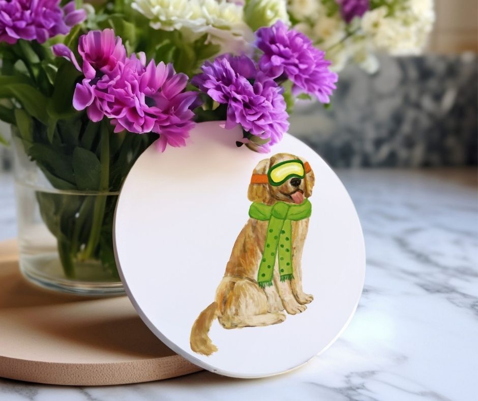 Golden Retriever Winter Dog Ceramic Coaster - MerikaArt