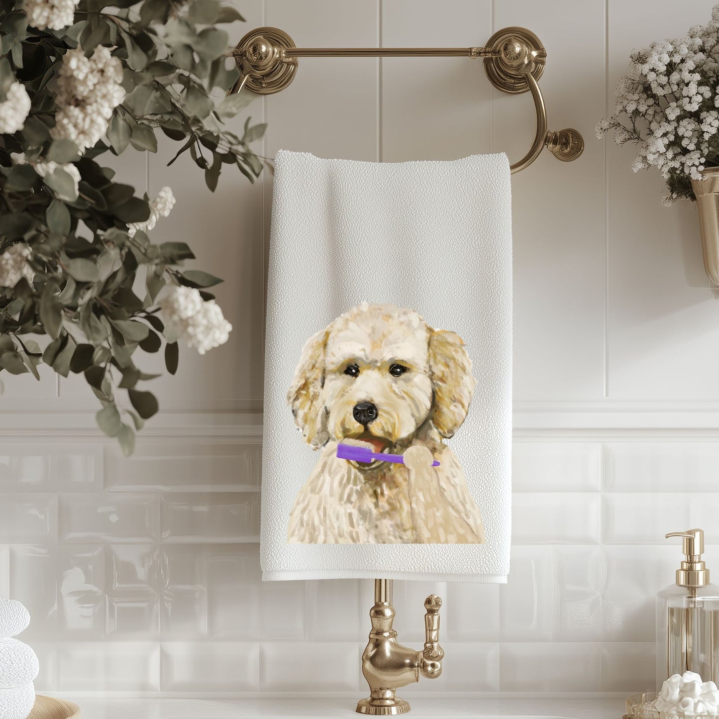 Goldendoodle Brushing Teeth Bathroom Towel - MerikaArt