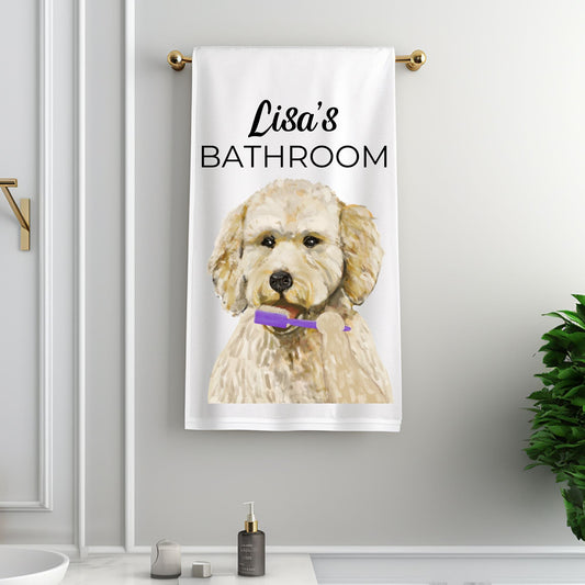Goldendoodle Brushing Teeth Bathroom Towel - MerikaArt