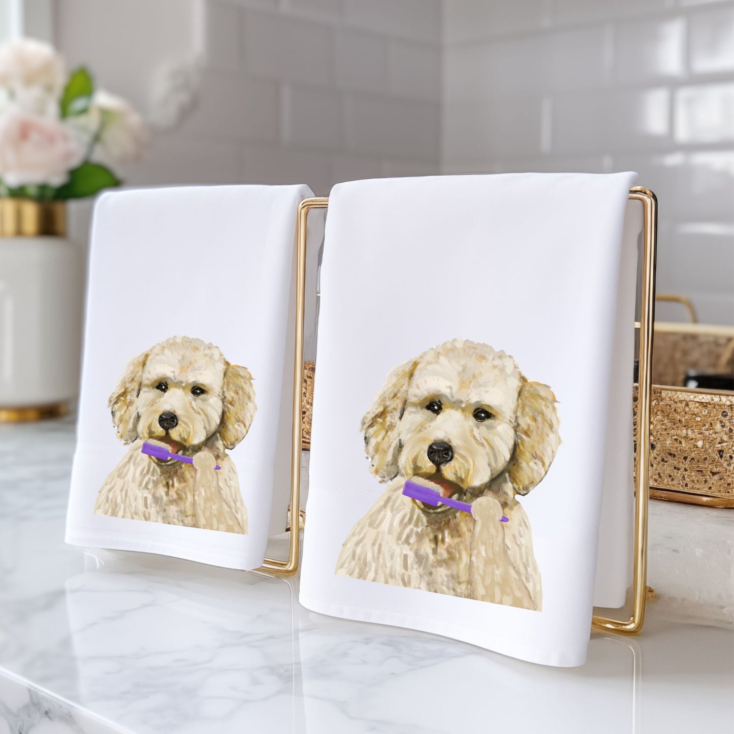Goldendoodle Brushing Teeth Bathroom Towel - MerikaArt