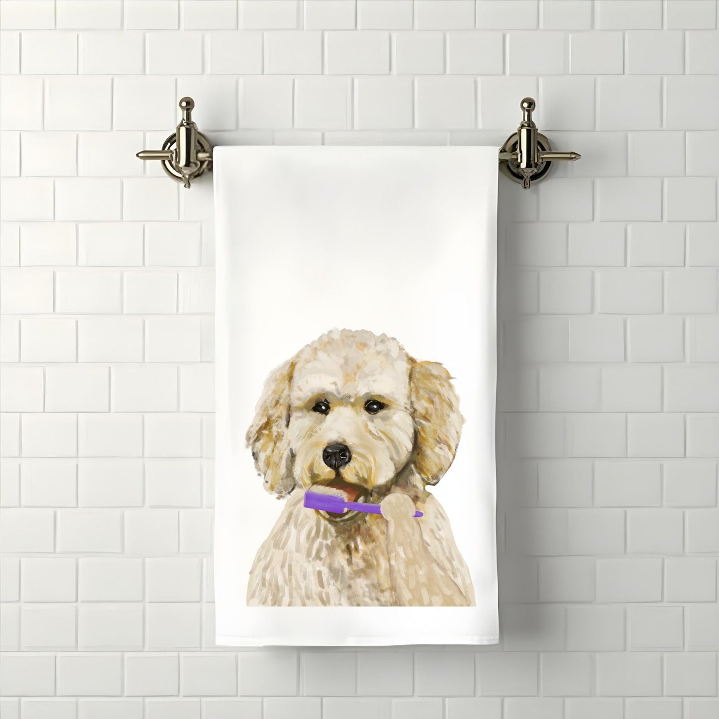 Goldendoodle Brushing Teeth Bathroom Towel - MerikaArt