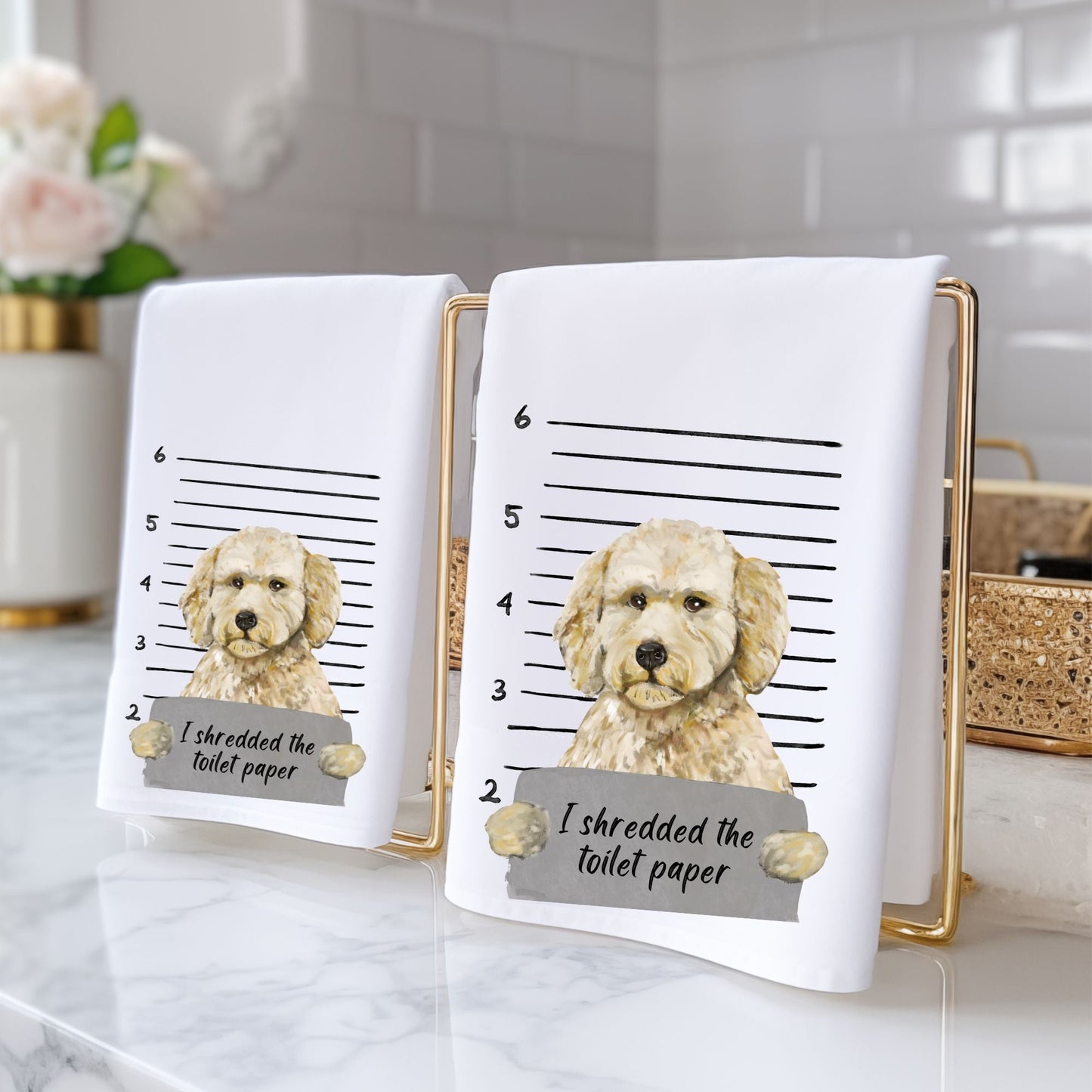 Goldendoodle Mugshot Bathroom Towel - MerikaArt