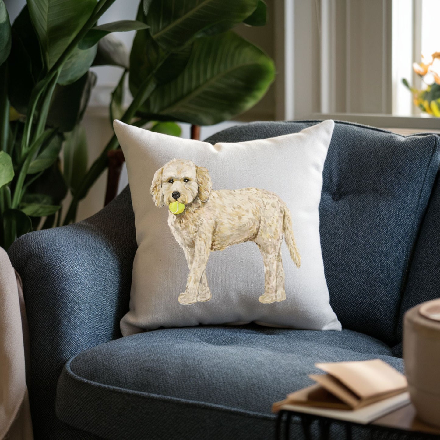 Goldendoodle Pillow with Tennis Ball - MerikaArt