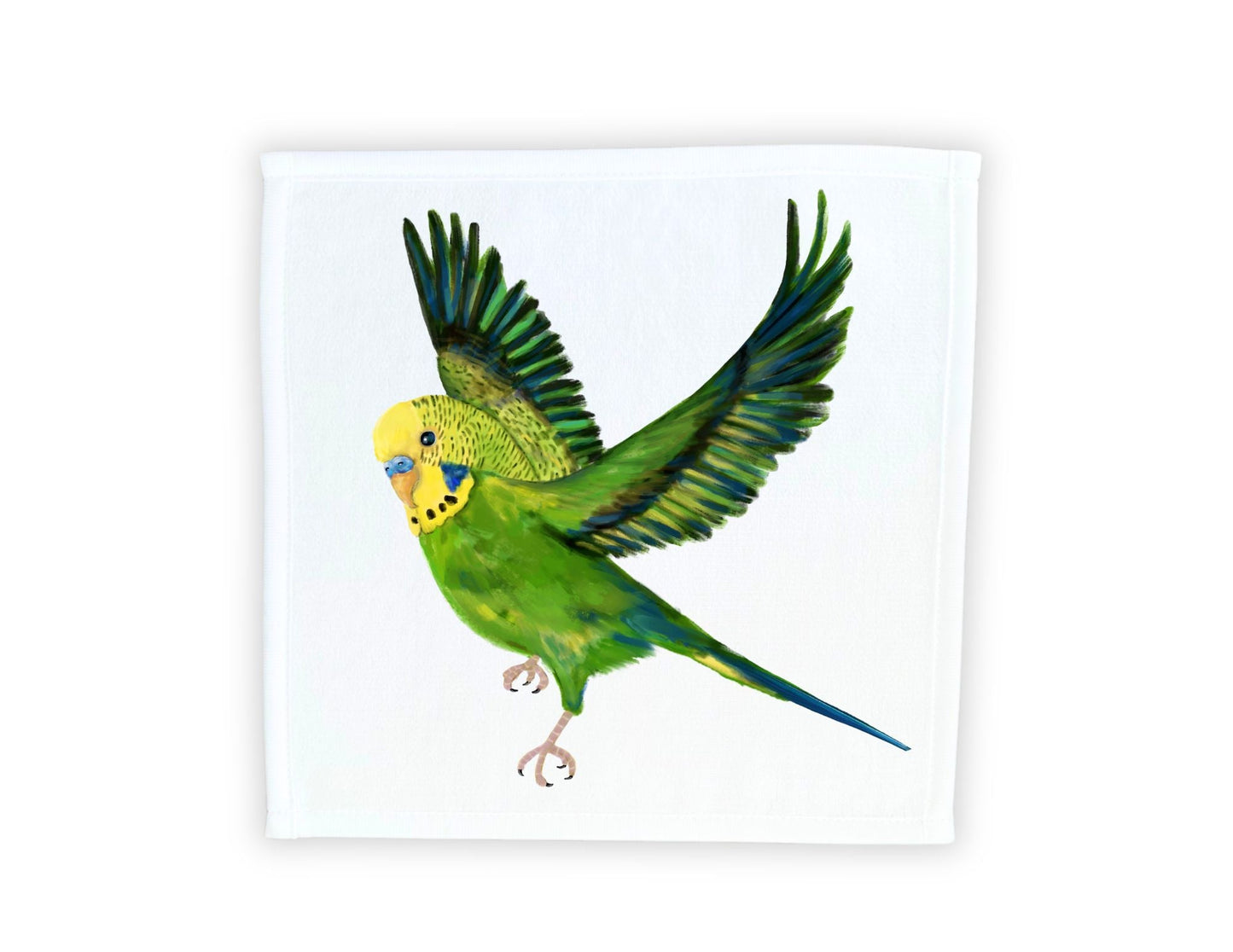 Graceful Budgie in Flight Washcloth - MerikaArt