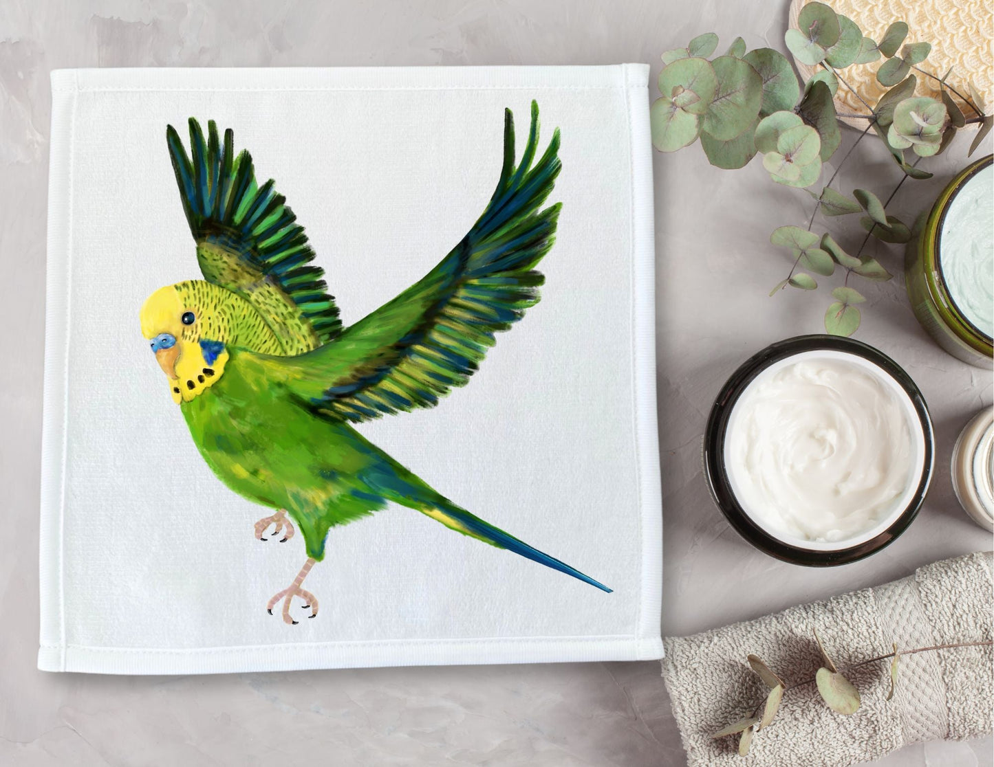 Graceful Budgie in Flight Washcloth - MerikaArt