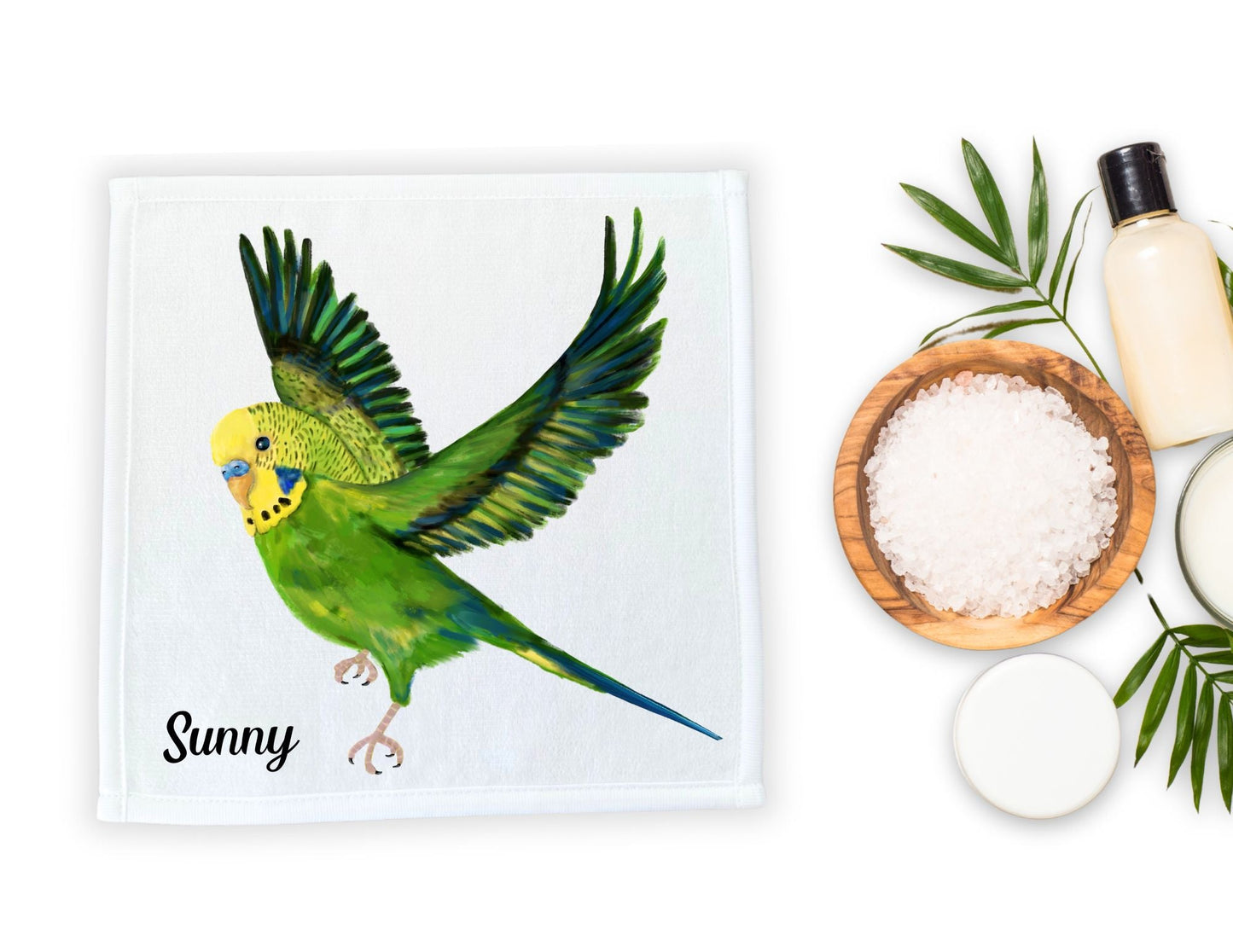 Graceful Budgie in Flight Washcloth - MerikaArt
