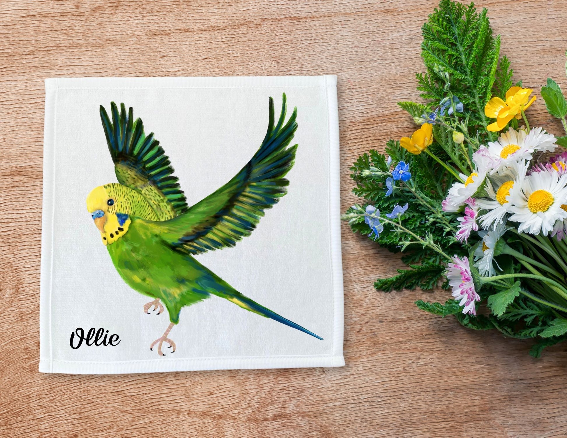 Graceful Budgie in Flight Washcloth - MerikaArt