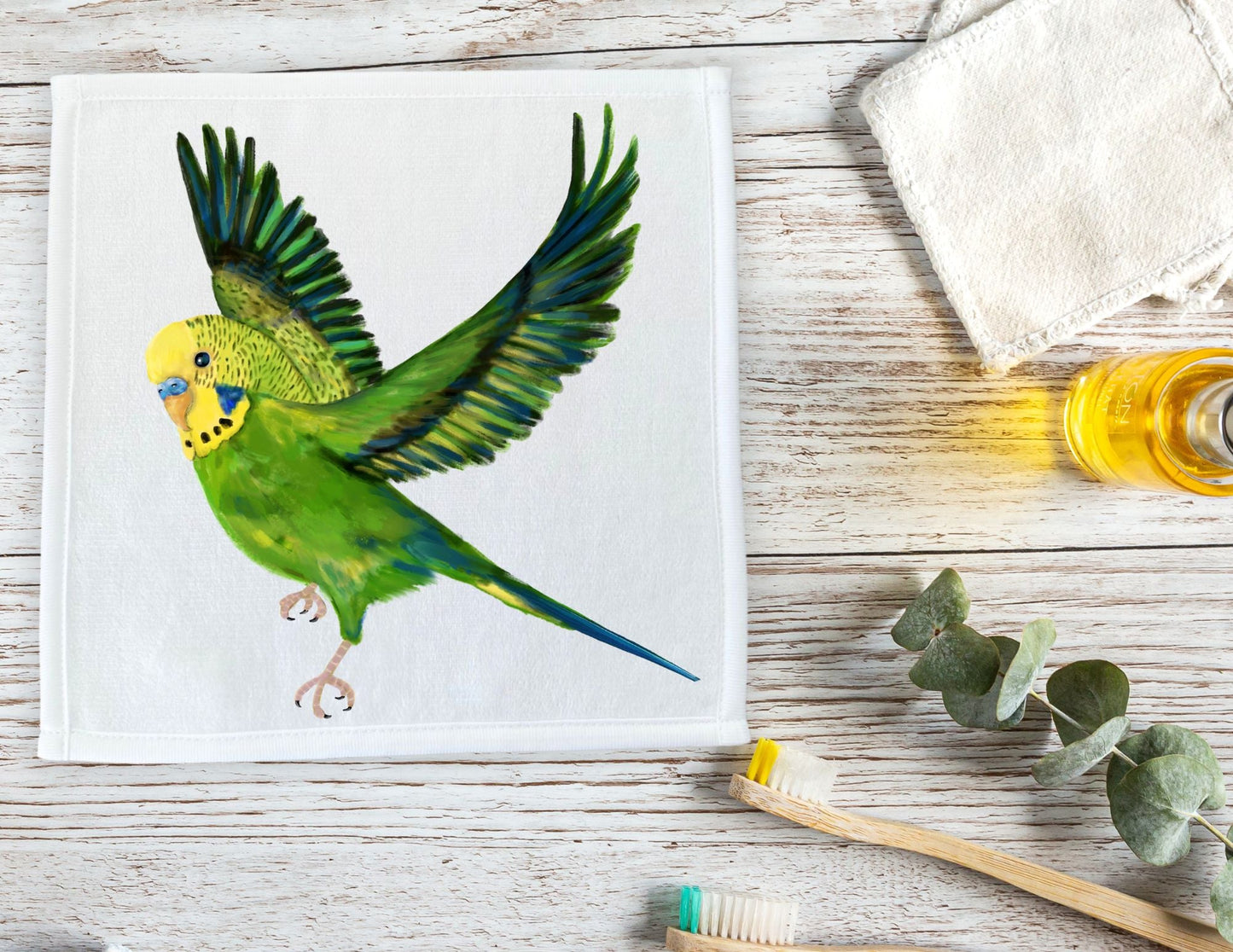 Graceful Budgie in Flight Washcloth - MerikaArt