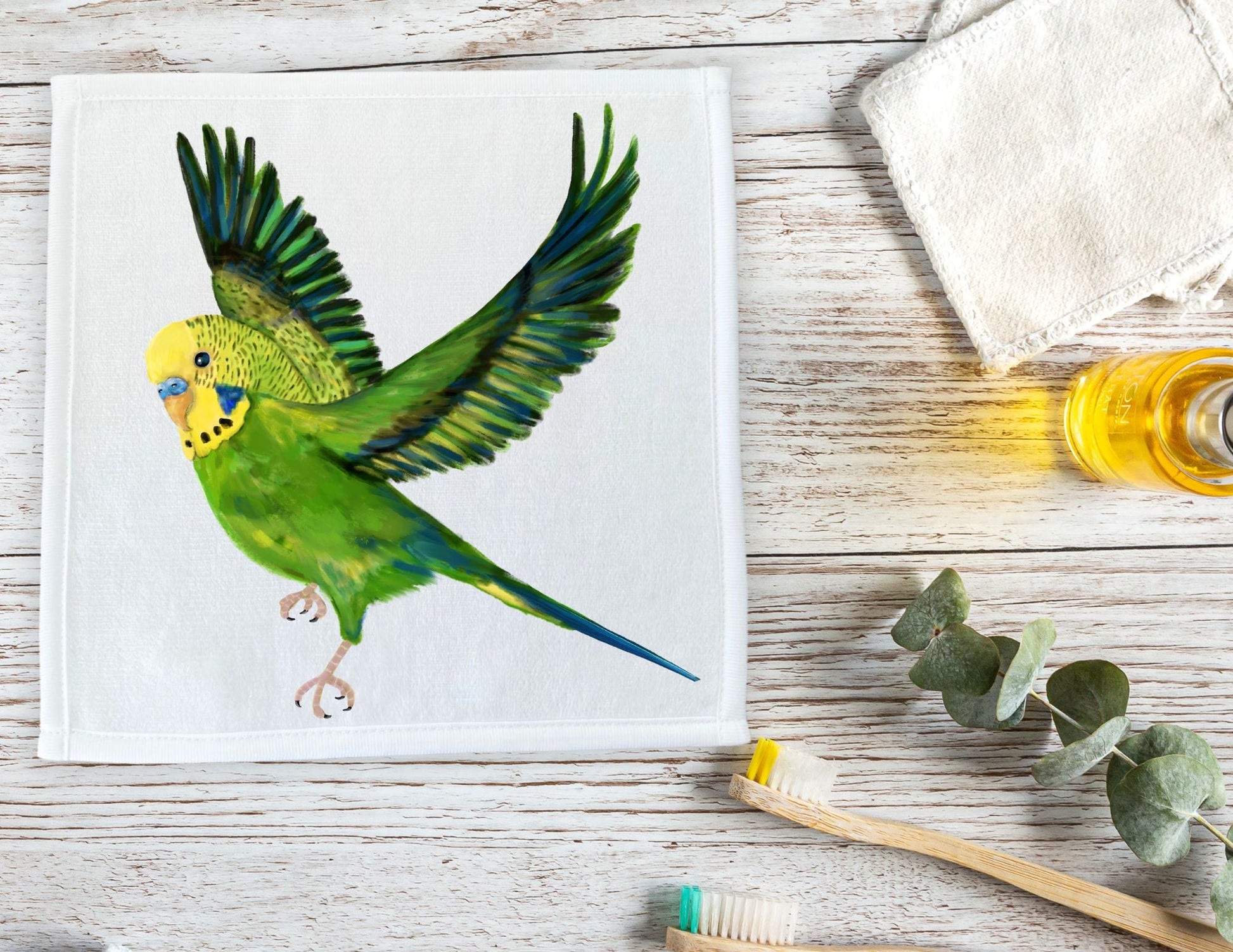Graceful Budgie in Flight Washcloth - MerikaArt
