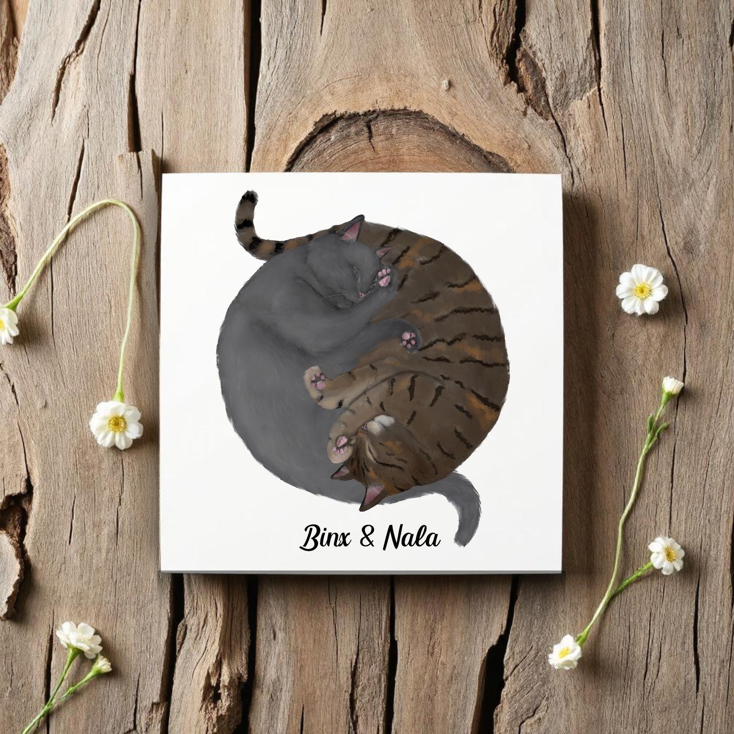Gray and Tabby Cats Yin and Yang Ceramic Tile - MerikaArt