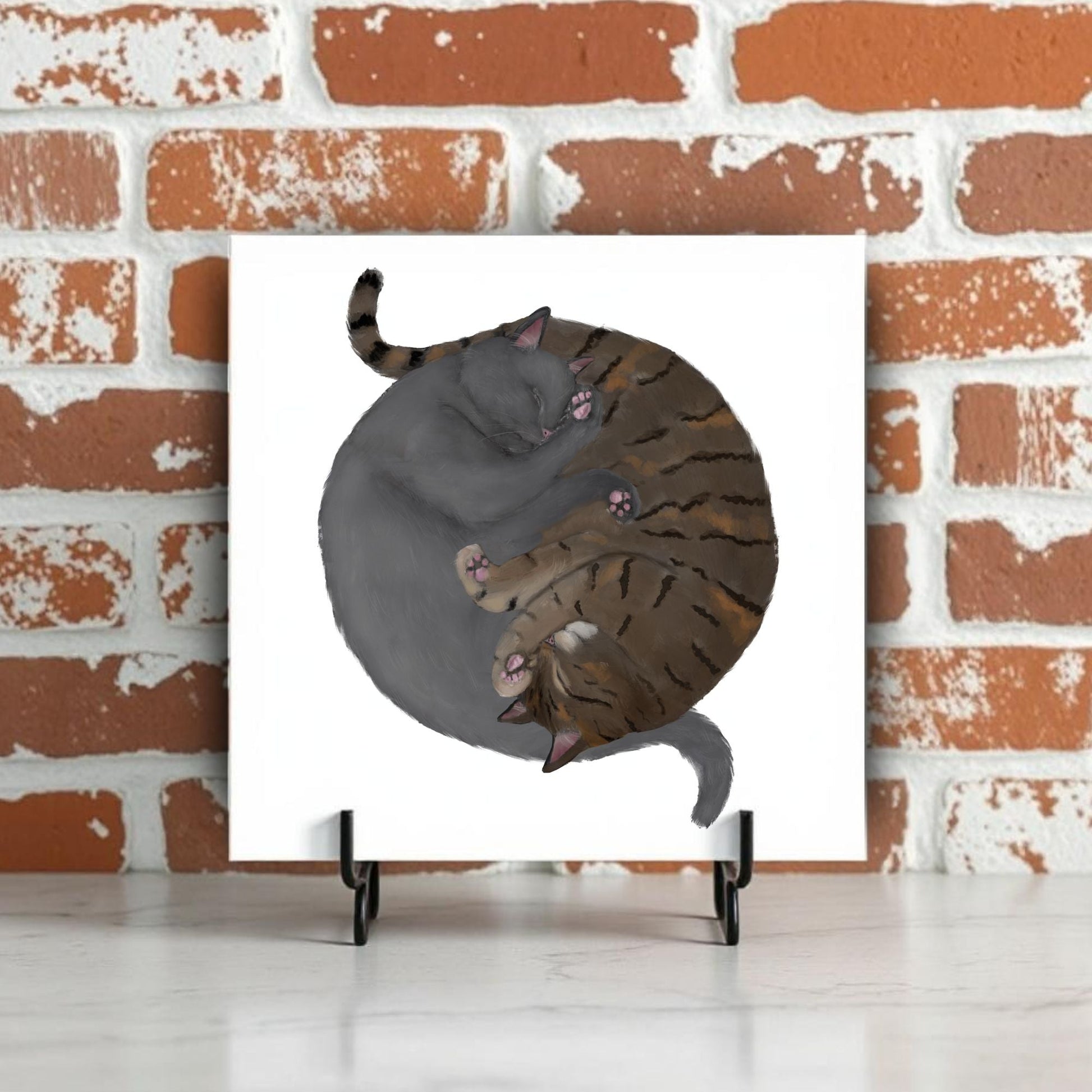 Gray and Tabby Cats Yin and Yang Ceramic Tile - MerikaArt