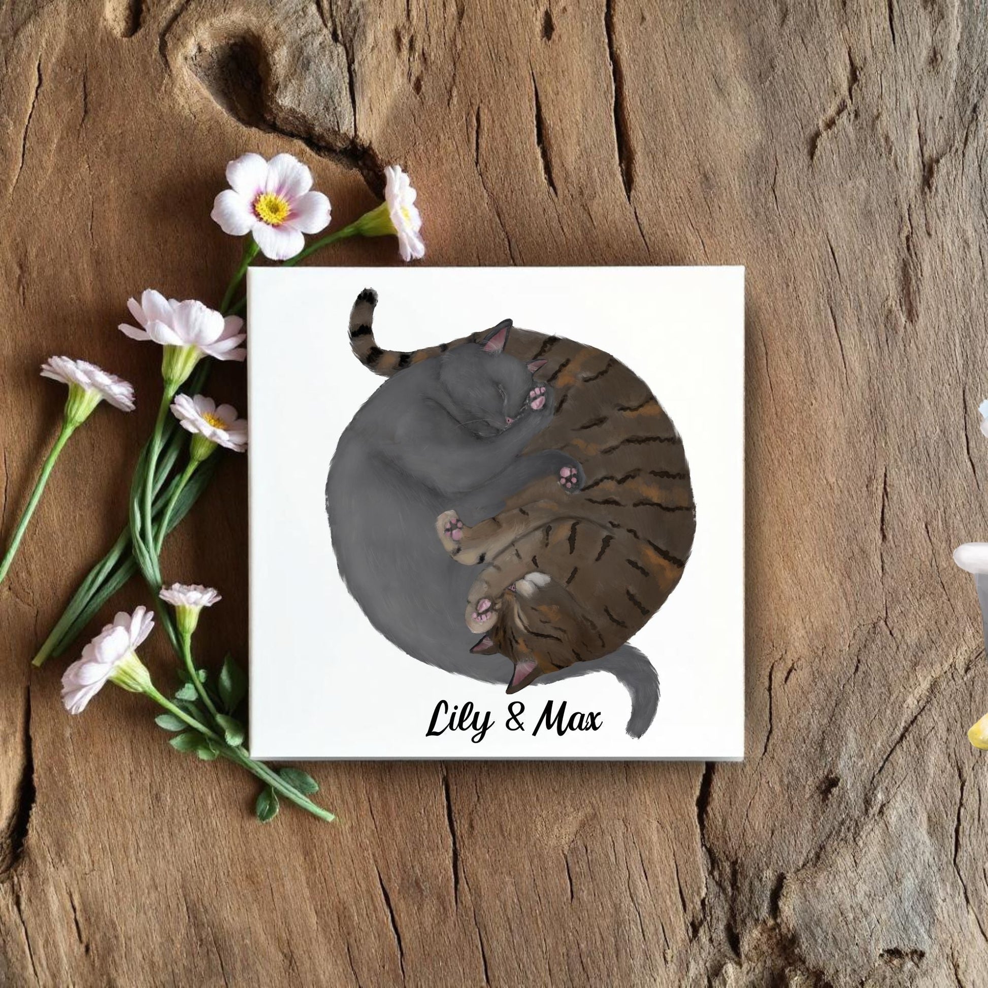 Gray and Tabby Cats Yin and Yang Ceramic Tile - MerikaArt