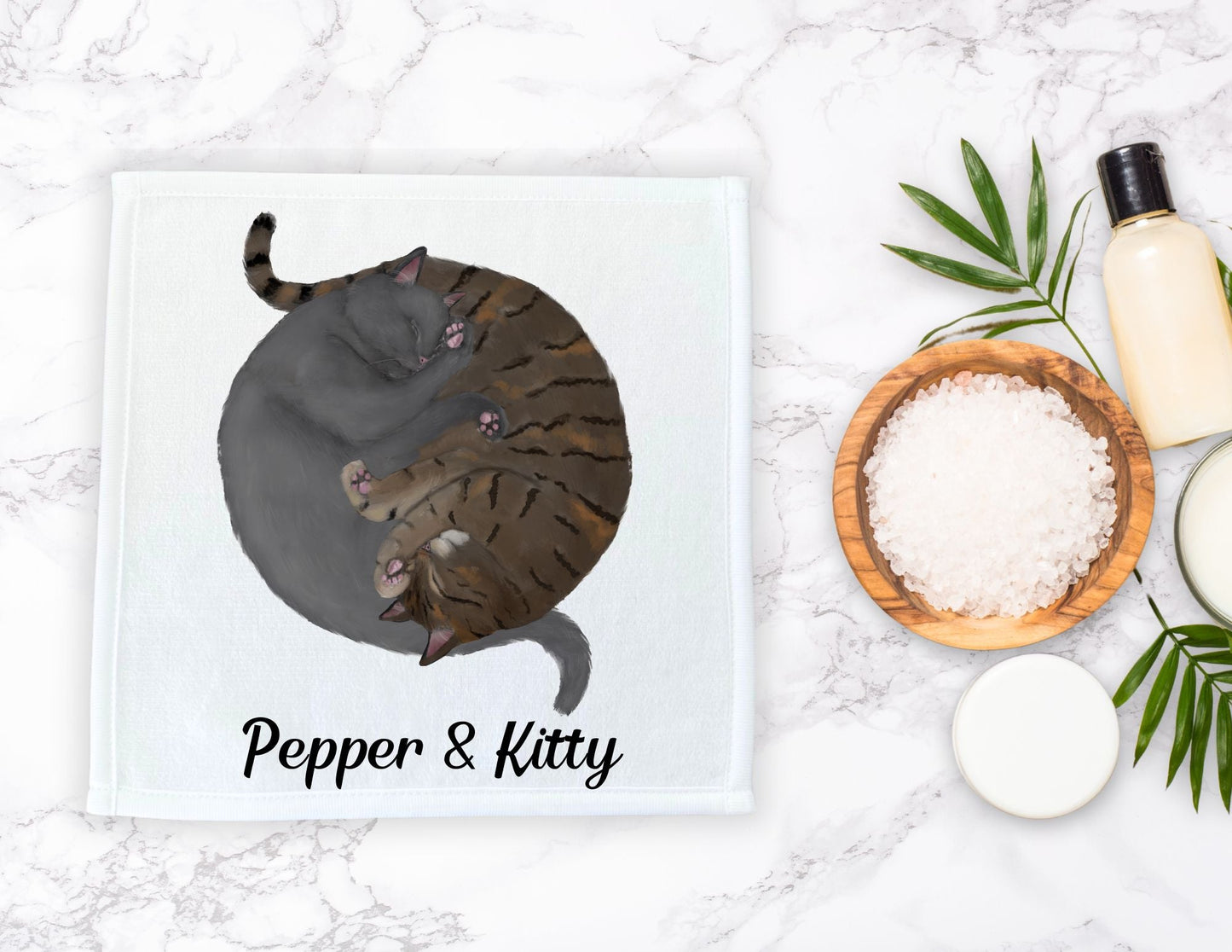 Gray Cat and Tabby Cat Sleeping Washcloth - MerikaArt