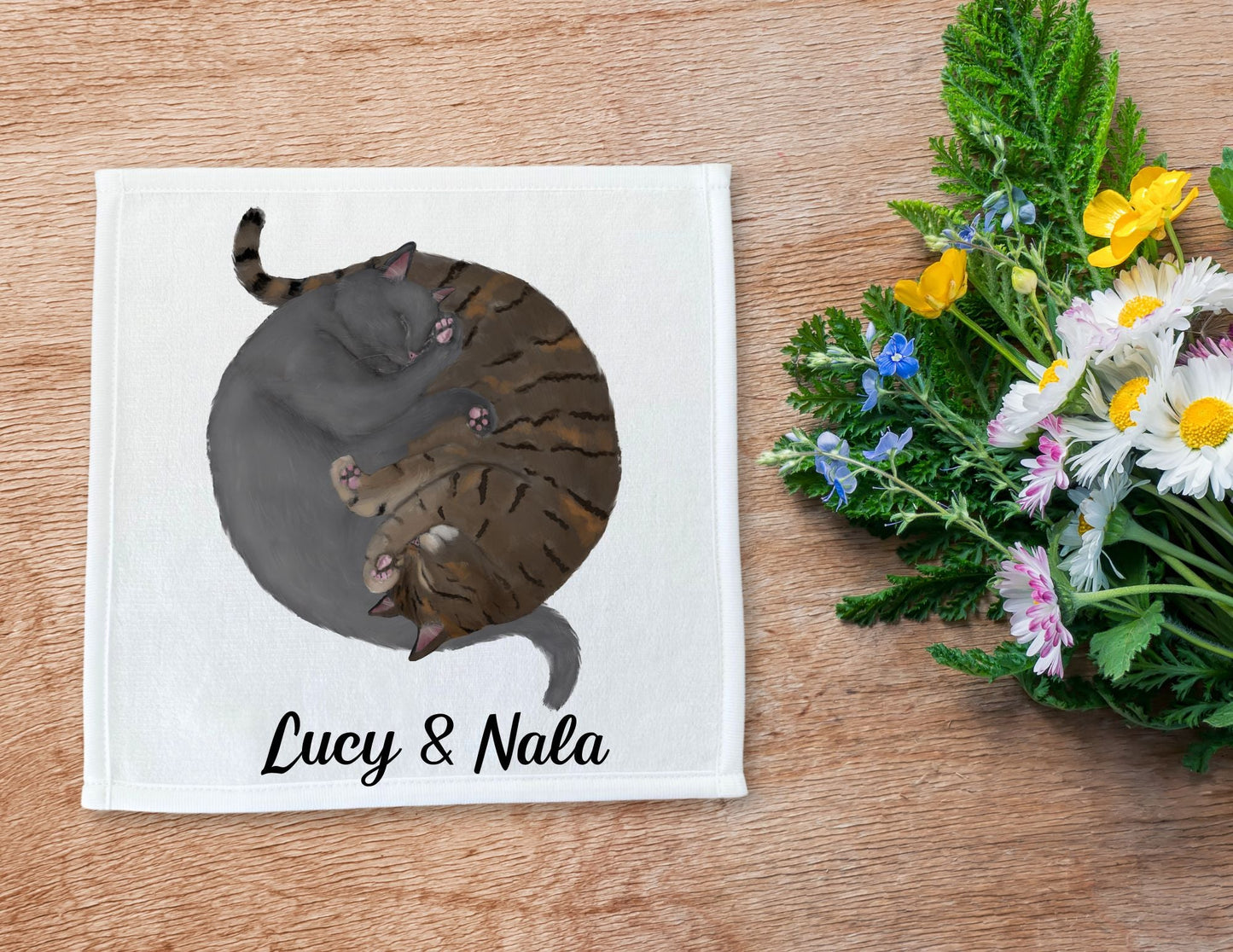 Gray Cat and Tabby Cat Sleeping Washcloth - MerikaArt