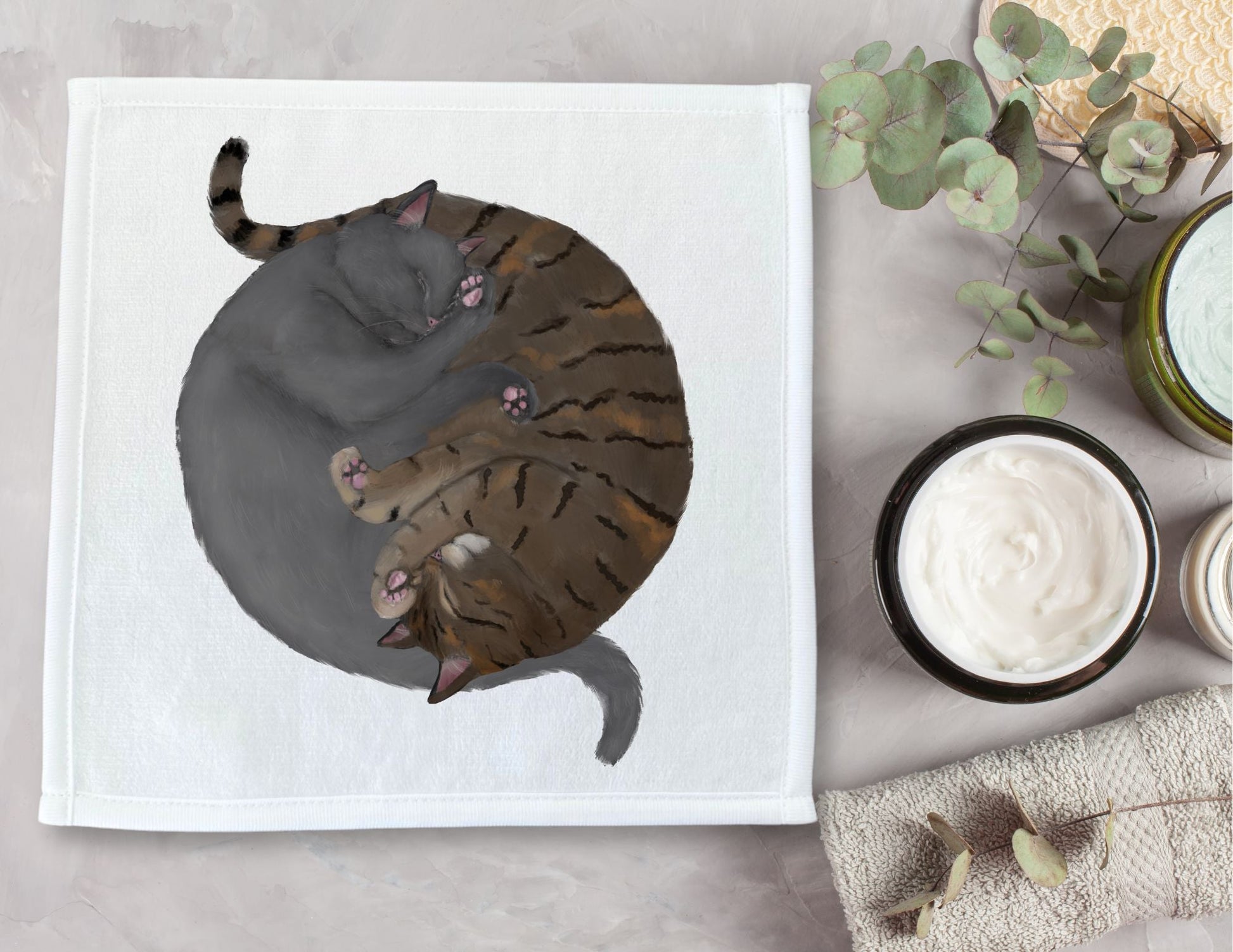 Gray Cat and Tabby Cat Sleeping Washcloth - MerikaArt
