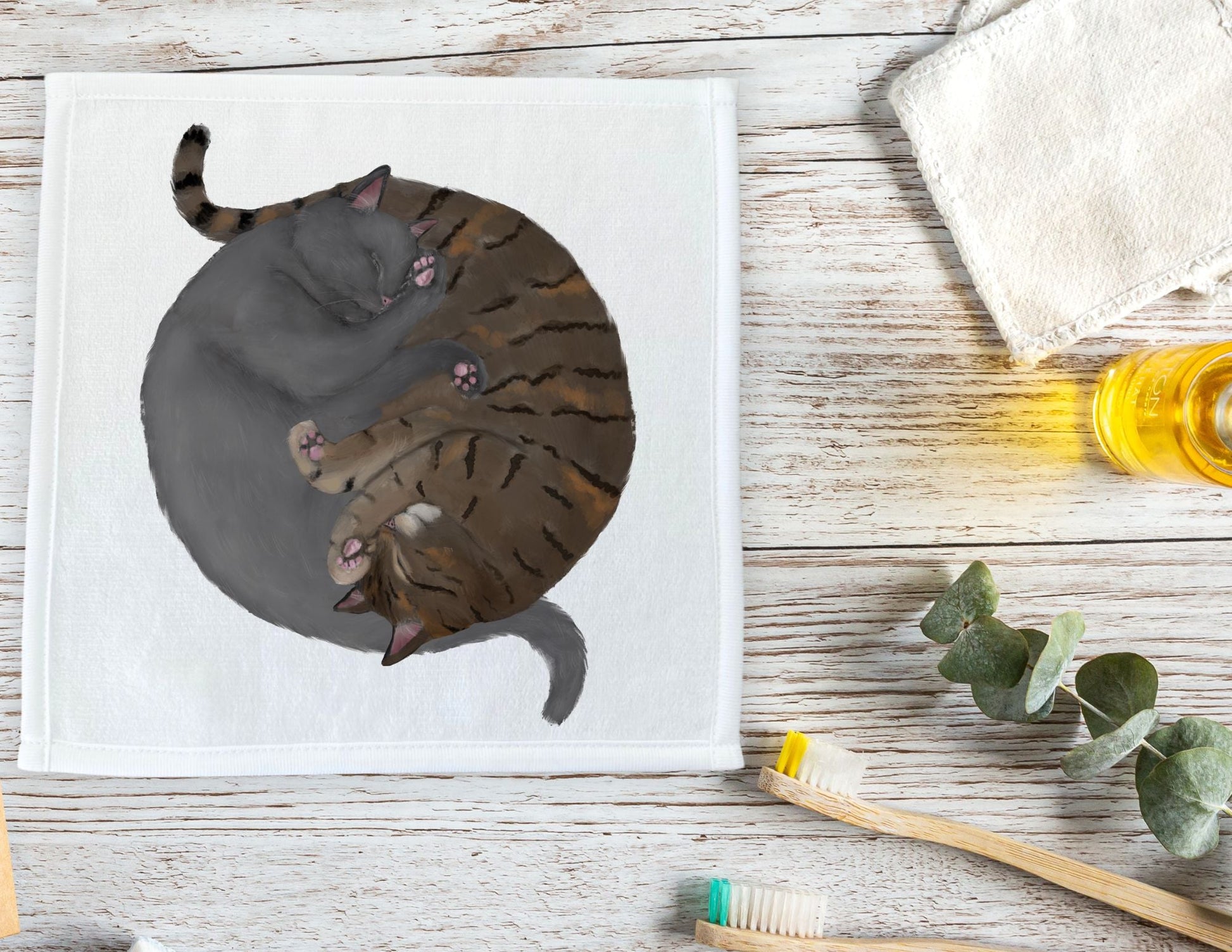 Gray Cat and Tabby Cat Sleeping Washcloth - MerikaArt