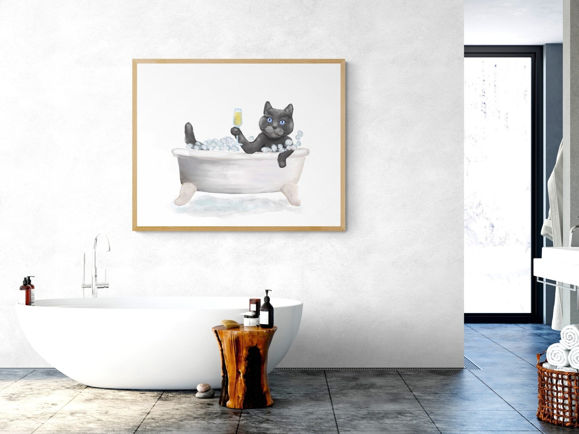 Gray Cat Bathing Print - MerikaArt