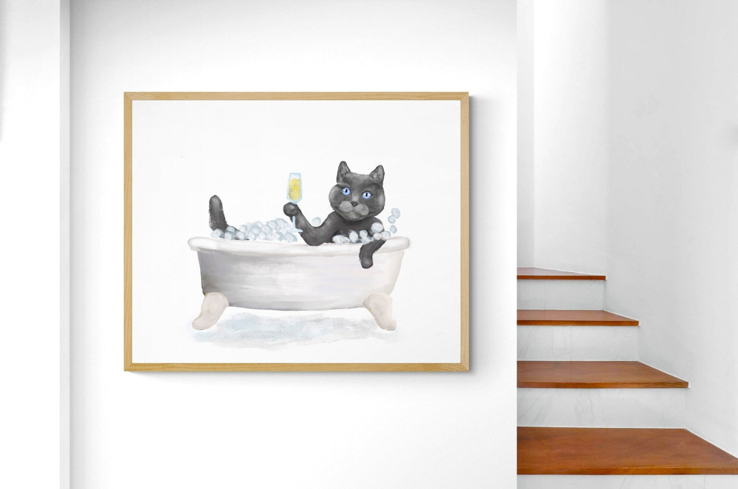 Gray Cat Bathing Print - MerikaArt