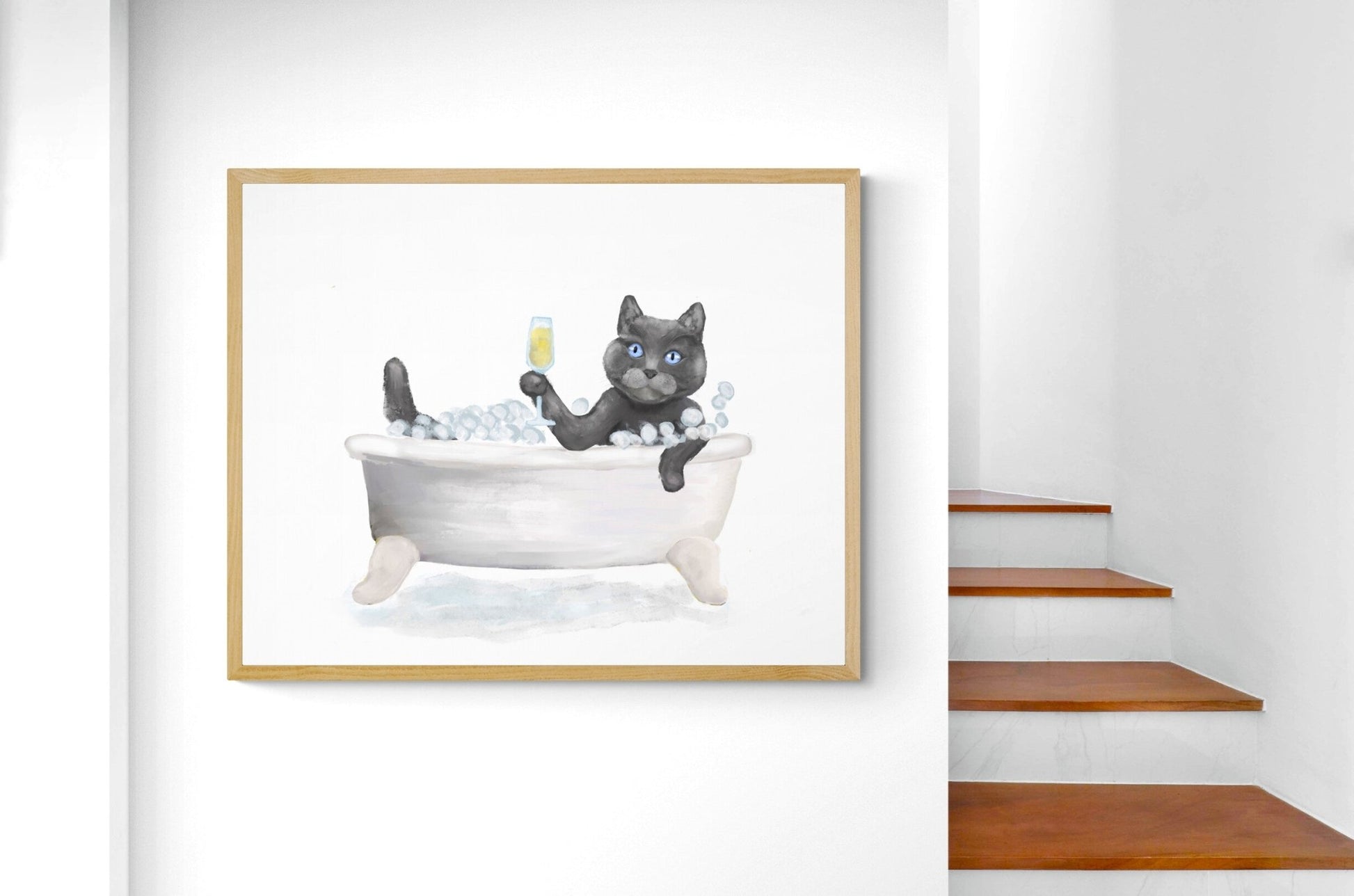 Gray Cat Bathing Print - MerikaArt