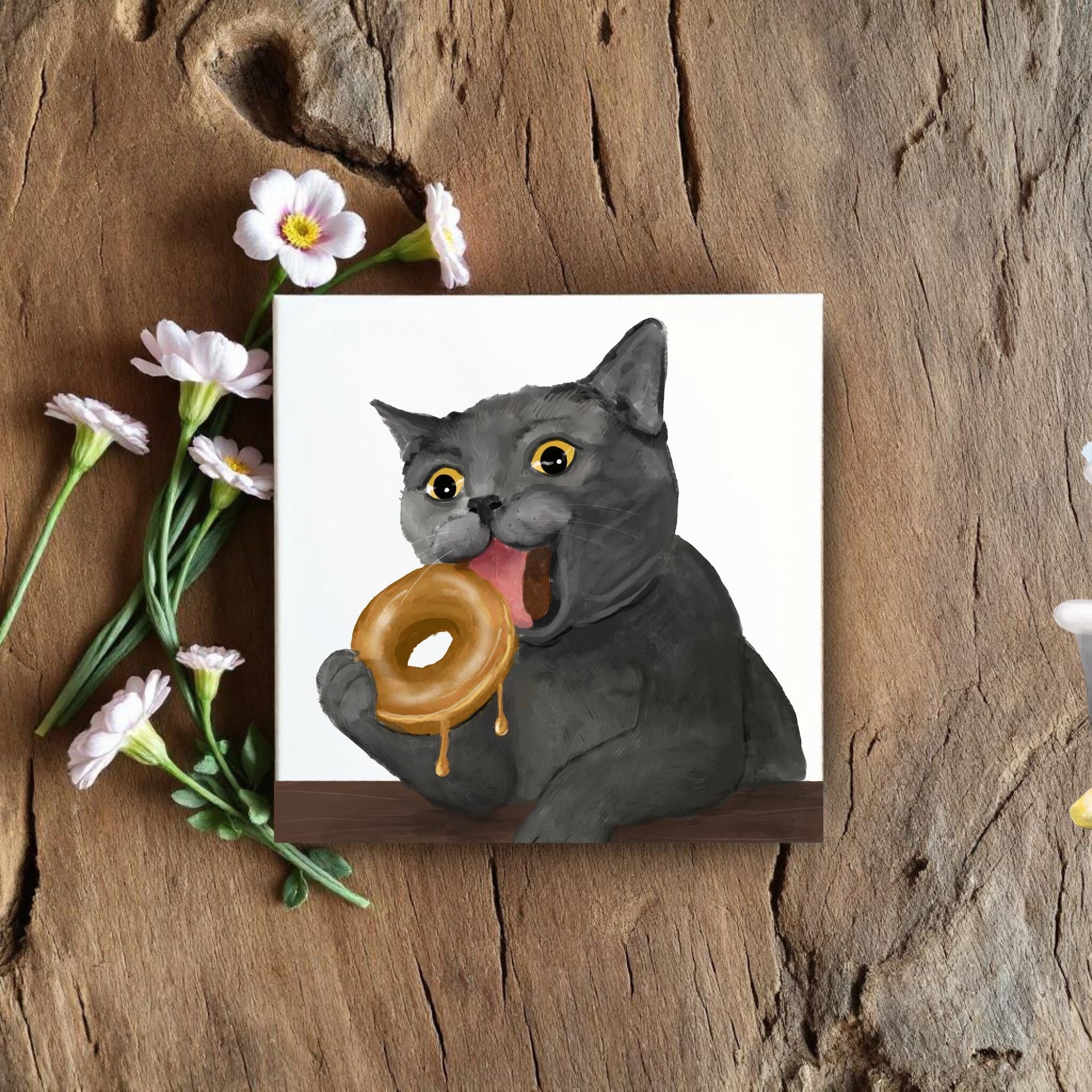Gray Cat Donut Ceramic Tile - MerikaArt