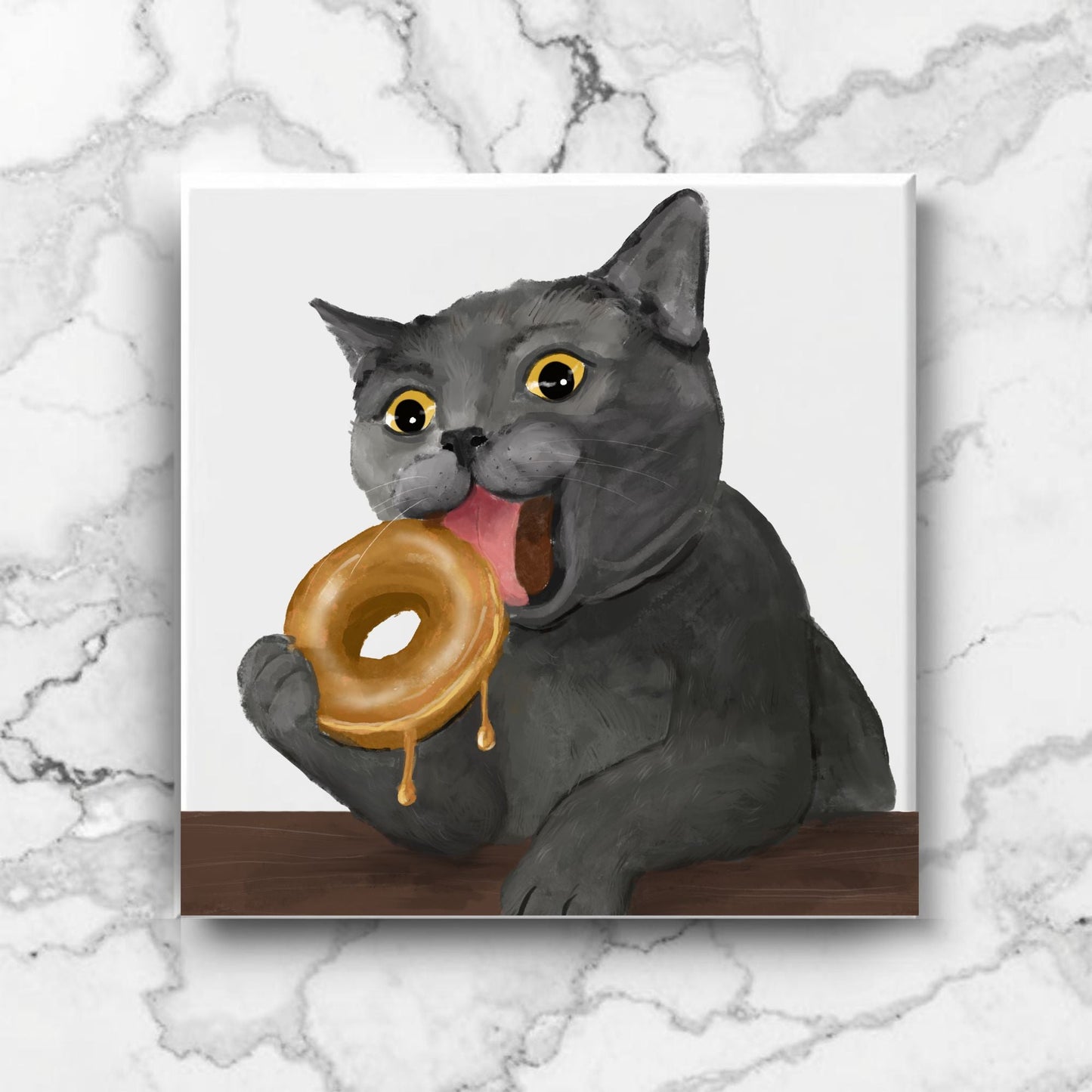 Gray Cat Donut Ceramic Tile - MerikaArt