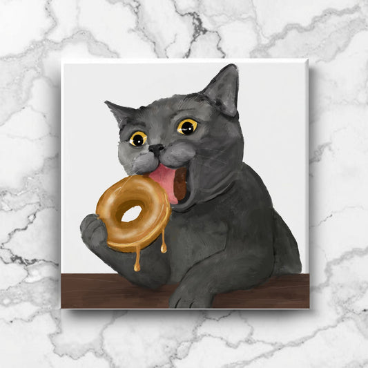 Gray Cat Donut Ceramic Tile - MerikaArt