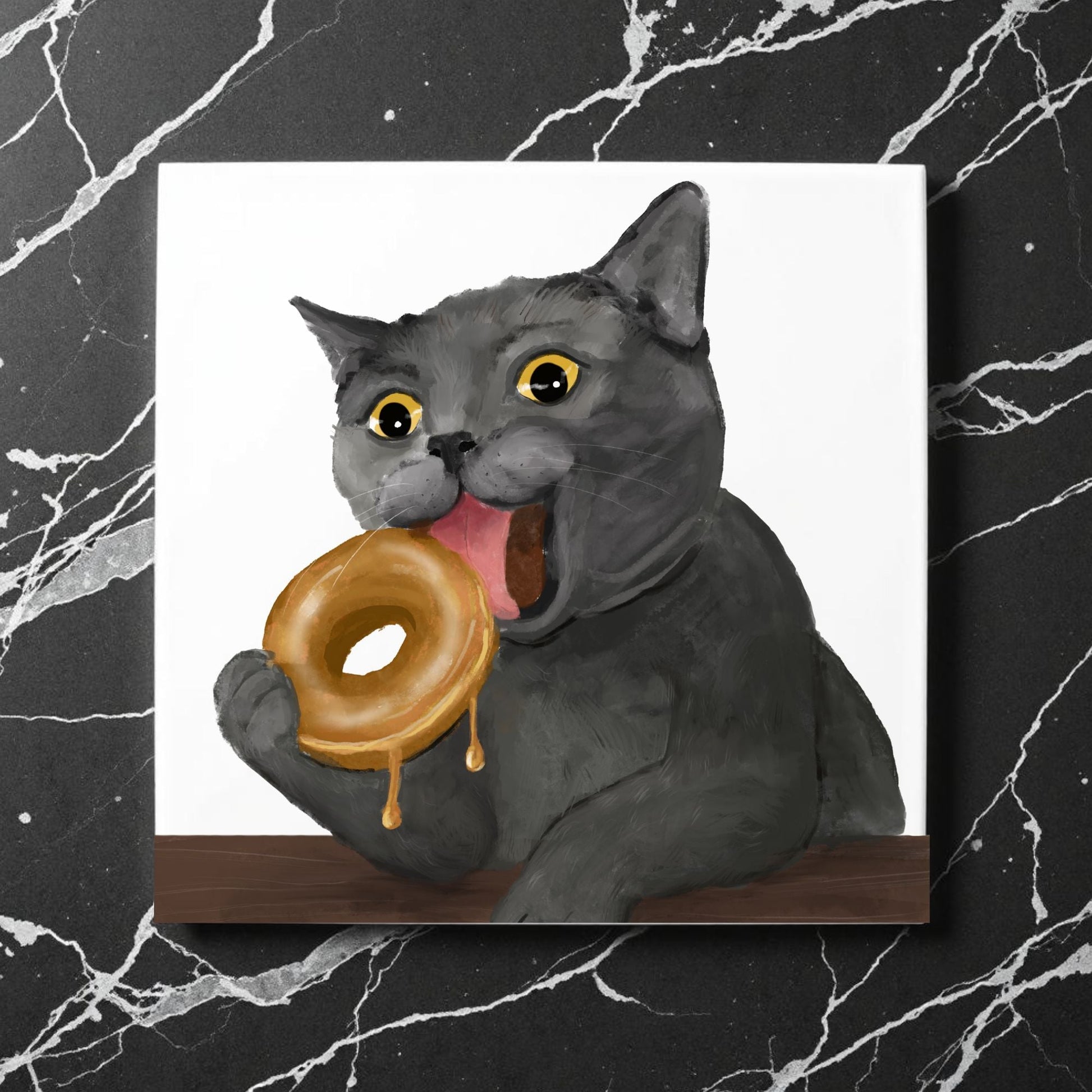 Gray Cat Donut Ceramic Tile - MerikaArt