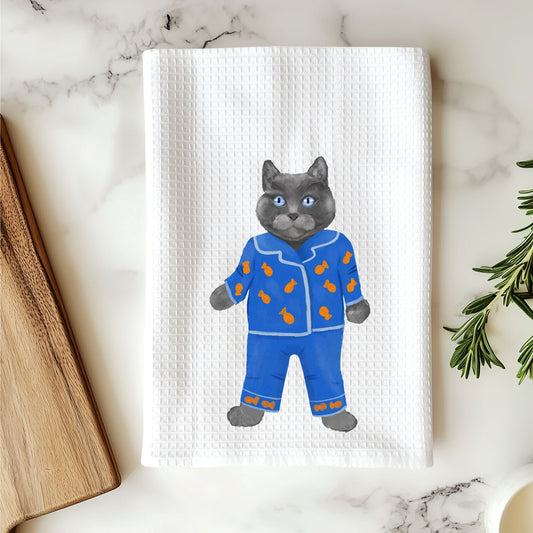 Gray Cat in Blue Pajamas Kitchen Towel - MerikaArt