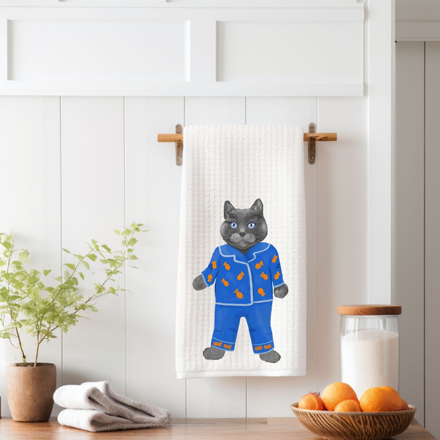 Gray Cat in Blue Pajamas Kitchen Towel - MerikaArt