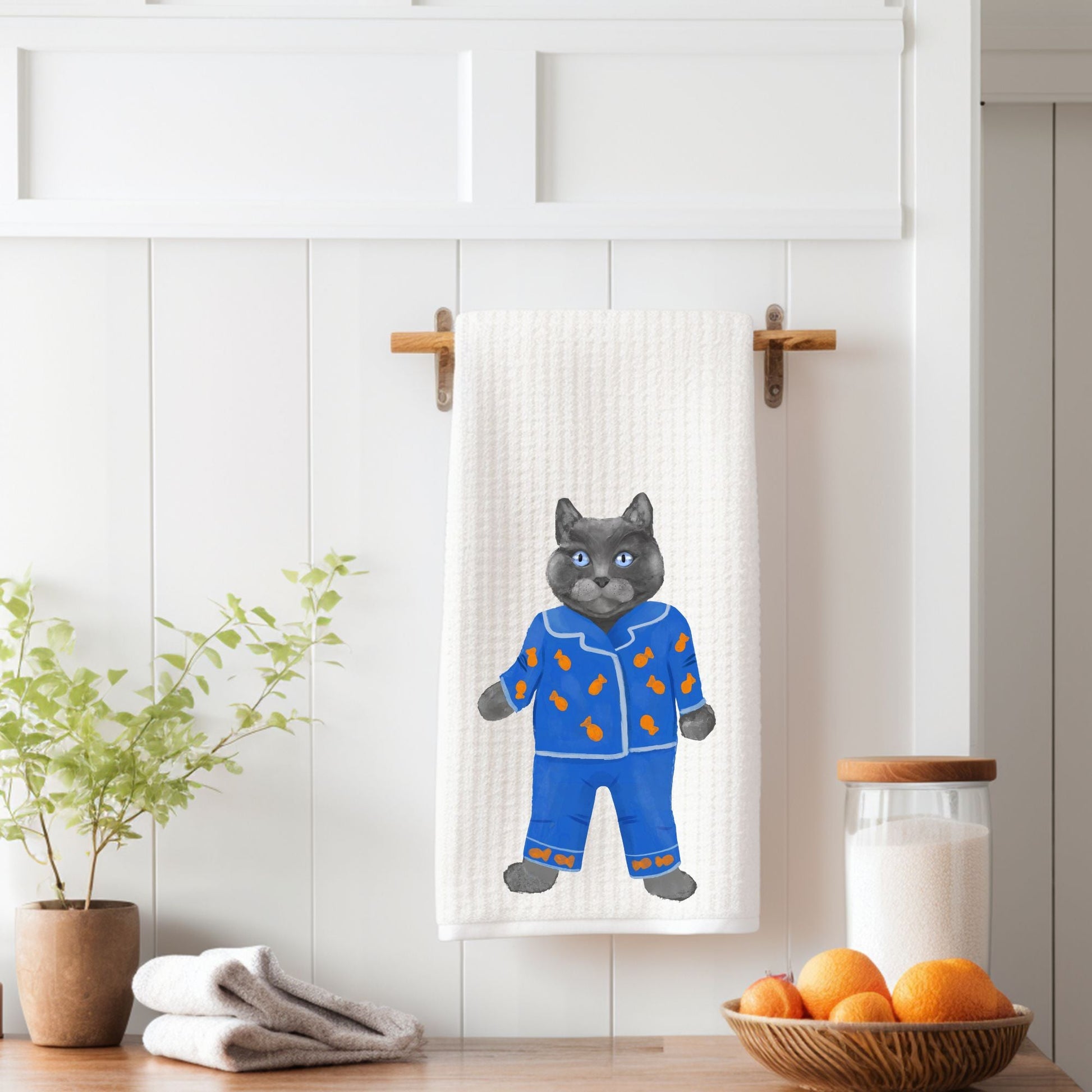 Gray Cat in Blue Pajamas Kitchen Towel - MerikaArt