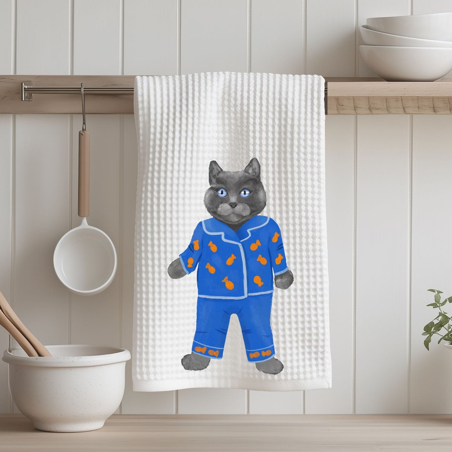 Gray Cat in Blue Pajamas Kitchen Towel - MerikaArt