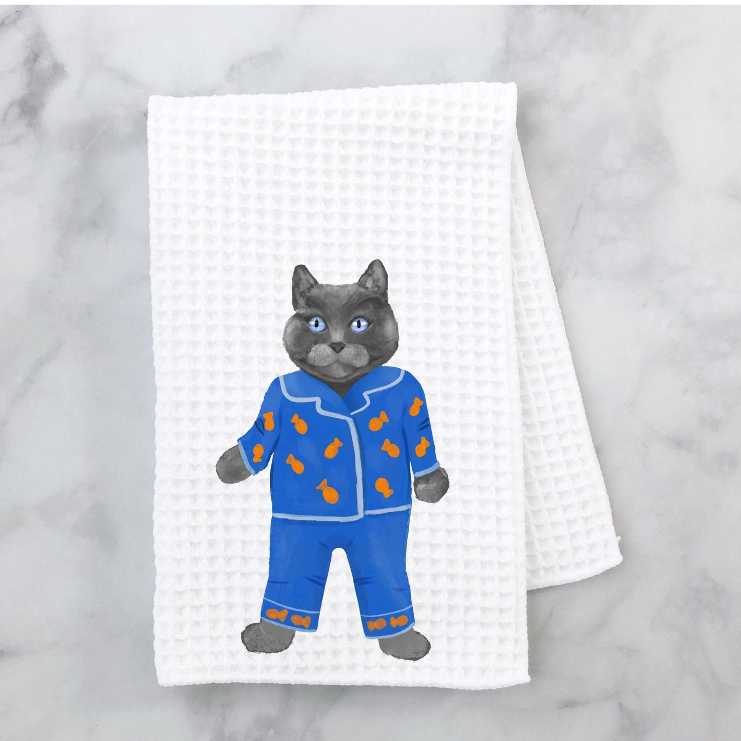 Gray Cat in Blue Pajamas Kitchen Towel - MerikaArt