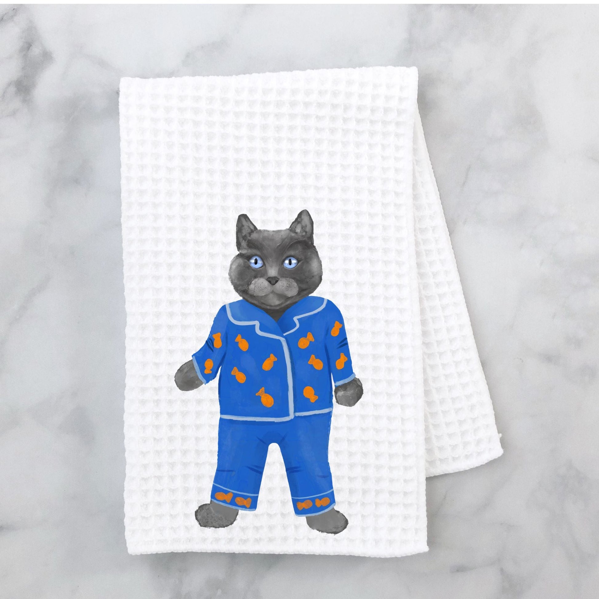 Gray Cat in Blue Pajamas Kitchen Towel - MerikaArt