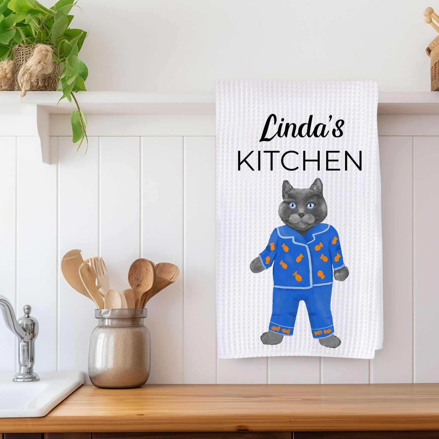Gray Cat in Blue Pajamas Kitchen Towel - MerikaArt