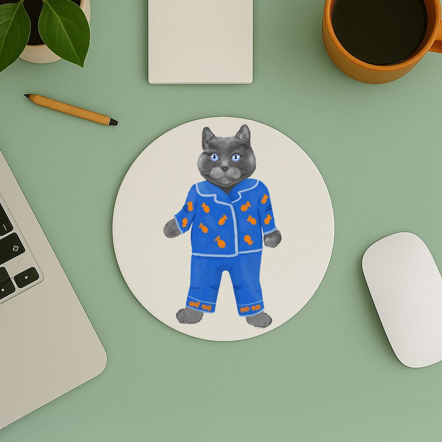 Gray Cat in Blue Pajamas Mousepad - MerikaArt