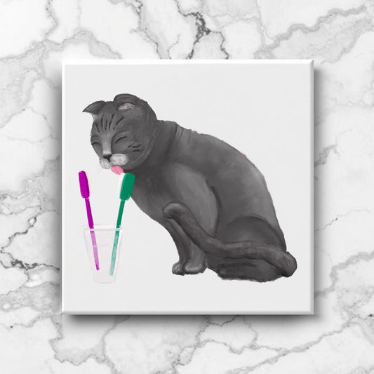 Gray Cat Licking Toothbrushes Bathroom Ceramic Tile - MerikaArt