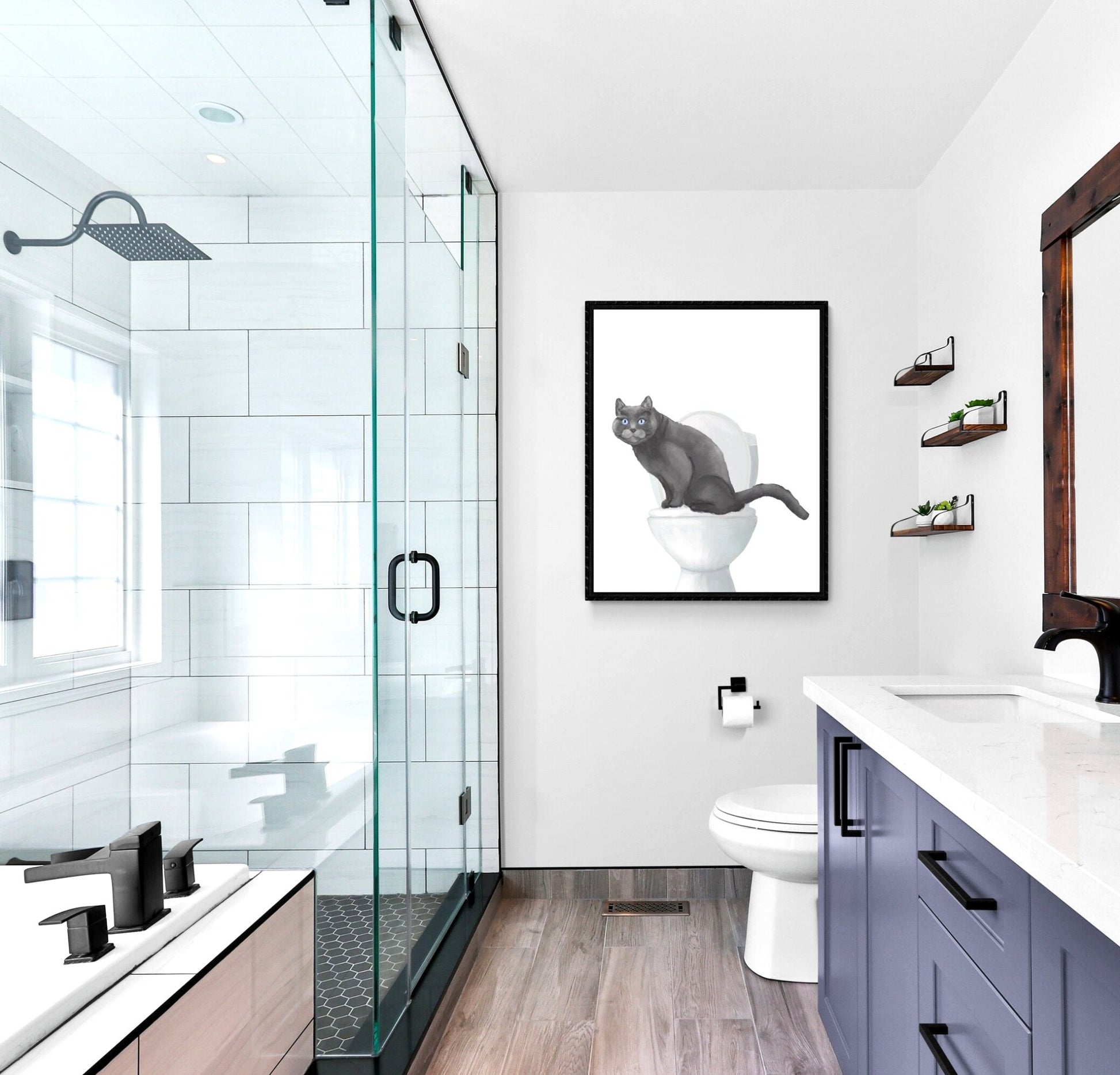 Gray Cat On Toilet Print - MerikaArt