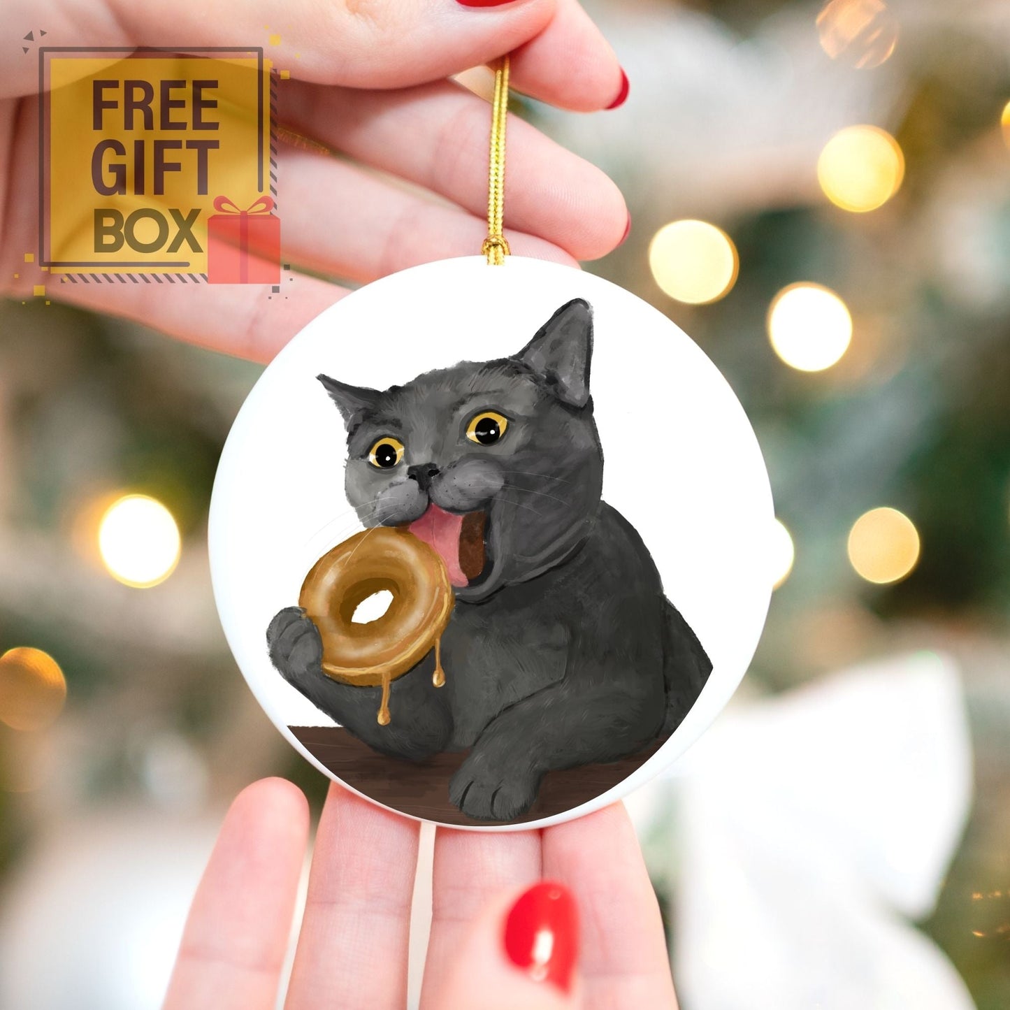 Gray Cat with Donut Ornament - MerikaArt