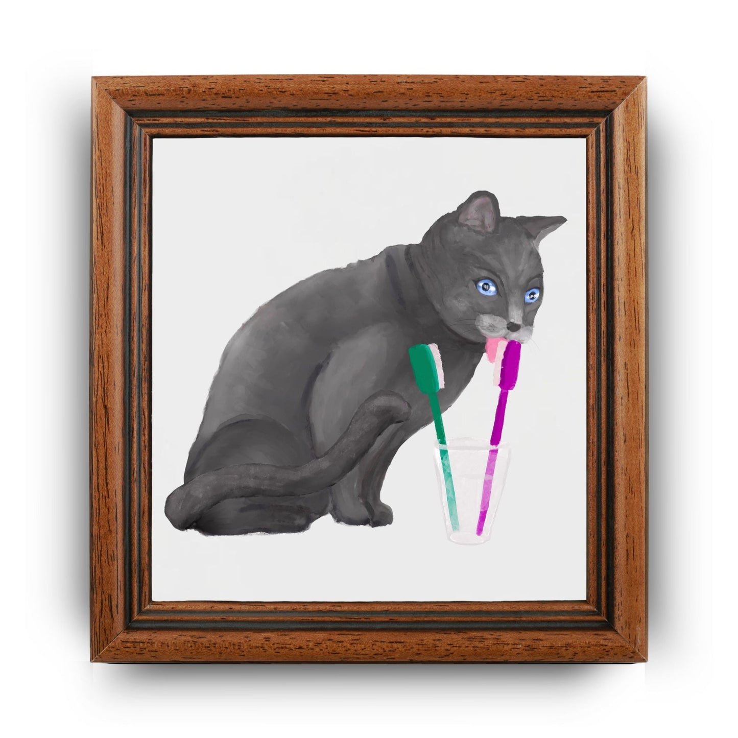 Gray Cat with Toothbrushes Bathroom Ceramic Tile - MerikaArt