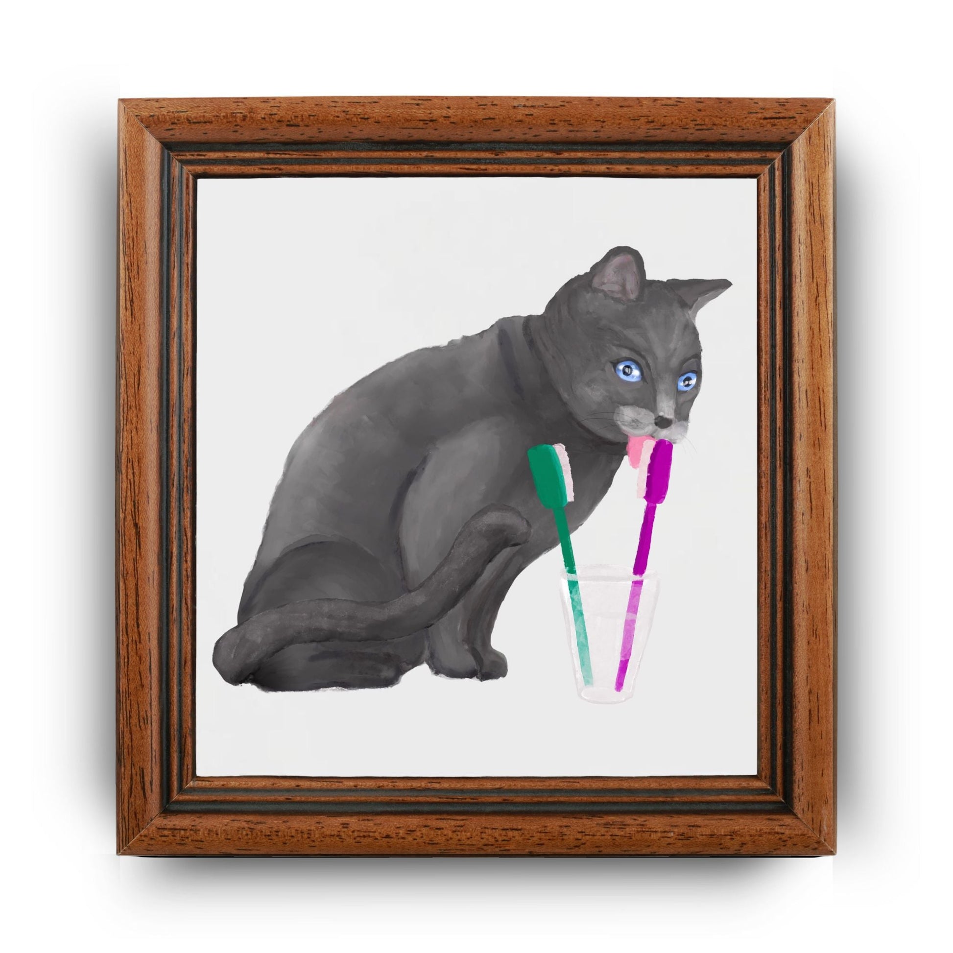 Gray Cat with Toothbrushes Bathroom Ceramic Tile - MerikaArt