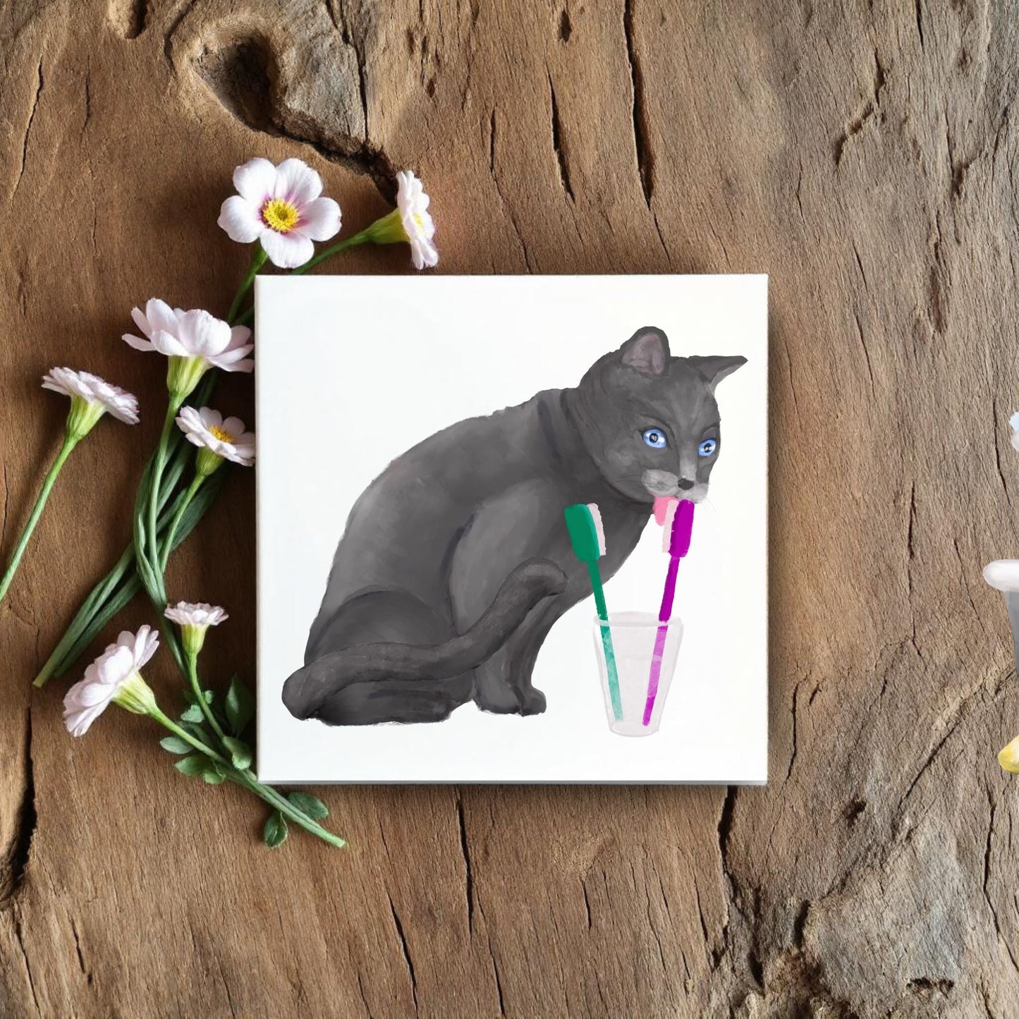 Gray Cat with Toothbrushes Bathroom Ceramic Tile - MerikaArt