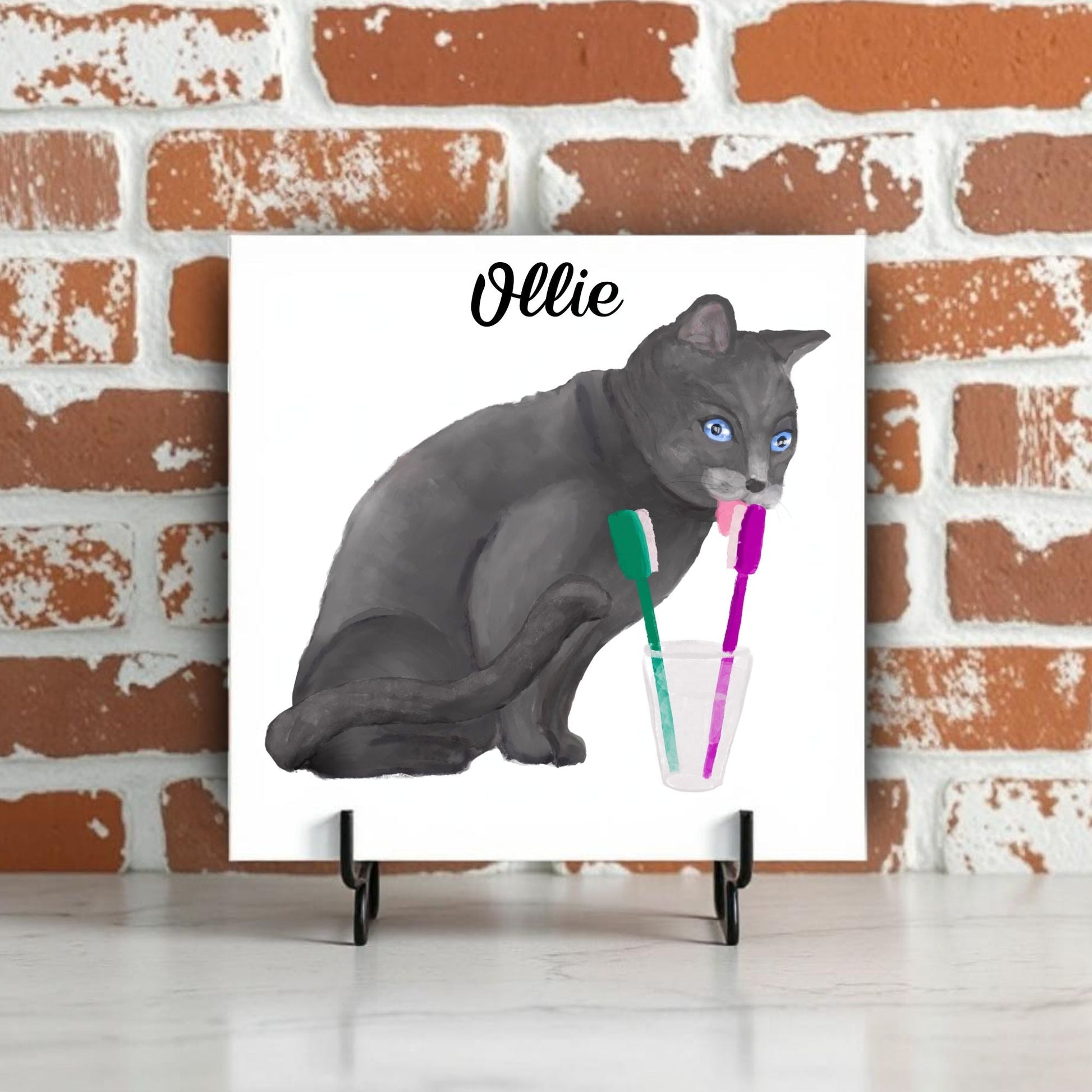 Gray Cat with Toothbrushes Bathroom Ceramic Tile - MerikaArt