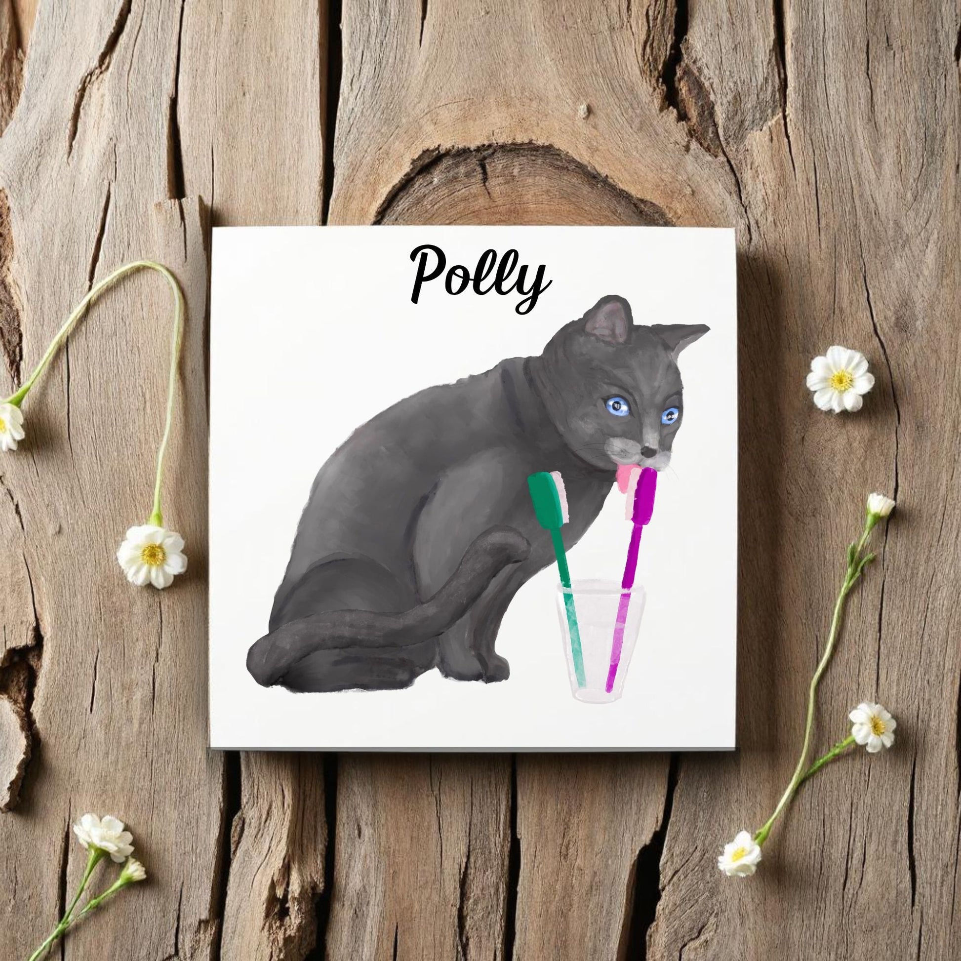 Gray Cat with Toothbrushes Bathroom Ceramic Tile - MerikaArt