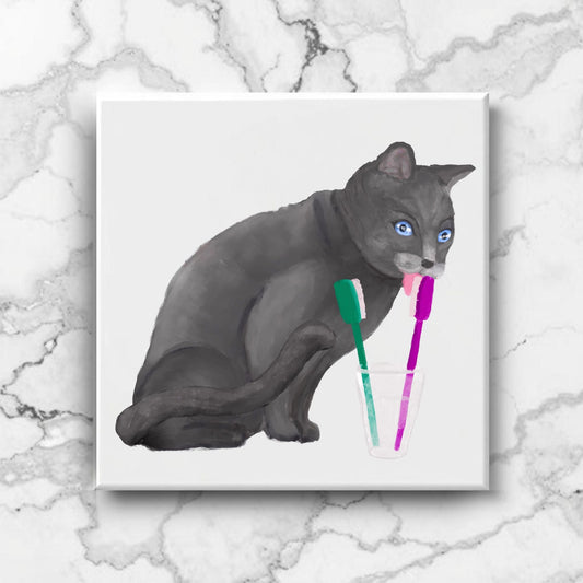 Gray Cat with Toothbrushes Bathroom Ceramic Tile - MerikaArt