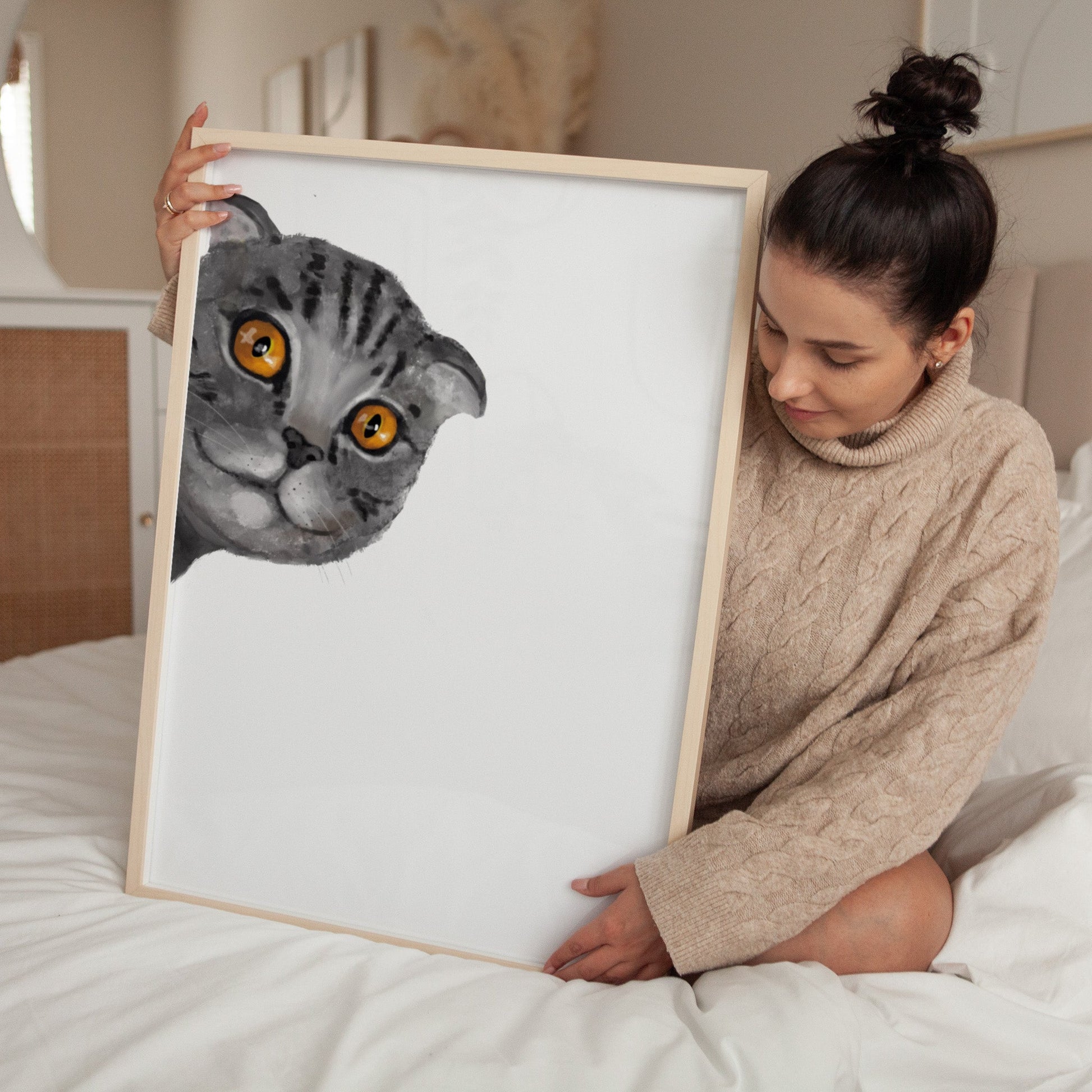 Gray Scottish Fold Peekaboo Cat Wall Art - MerikaArt
