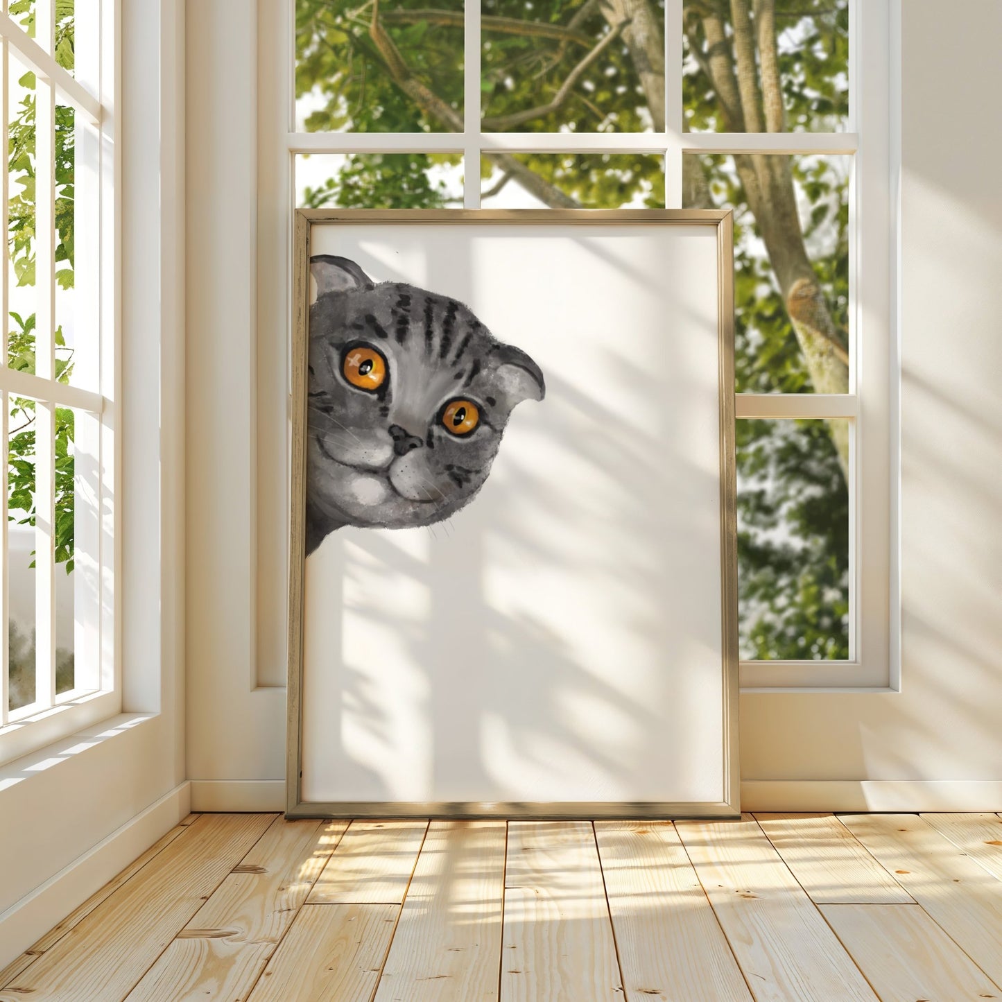 Gray Scottish Fold Peekaboo Cat Wall Art - MerikaArt