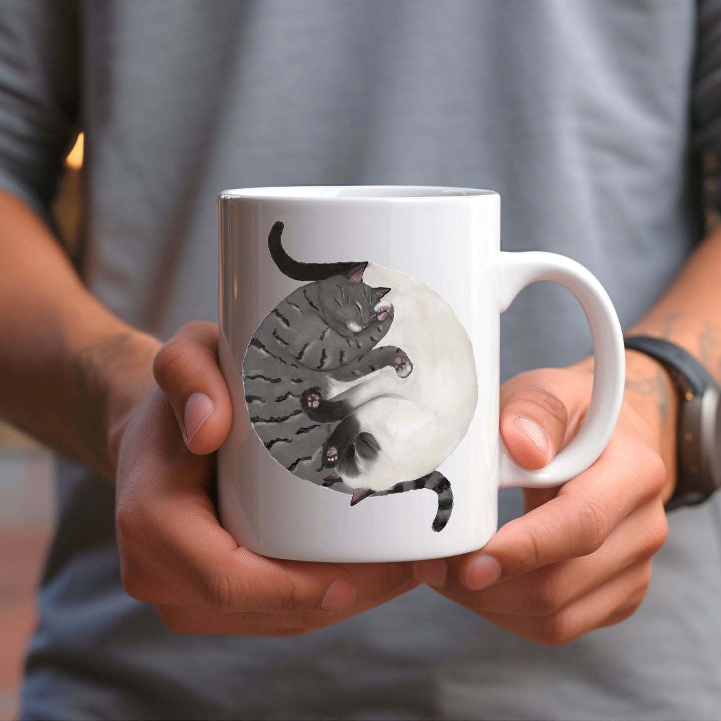 Gray Tabby and Siamese Sleeping Cats Mug - MerikaArt