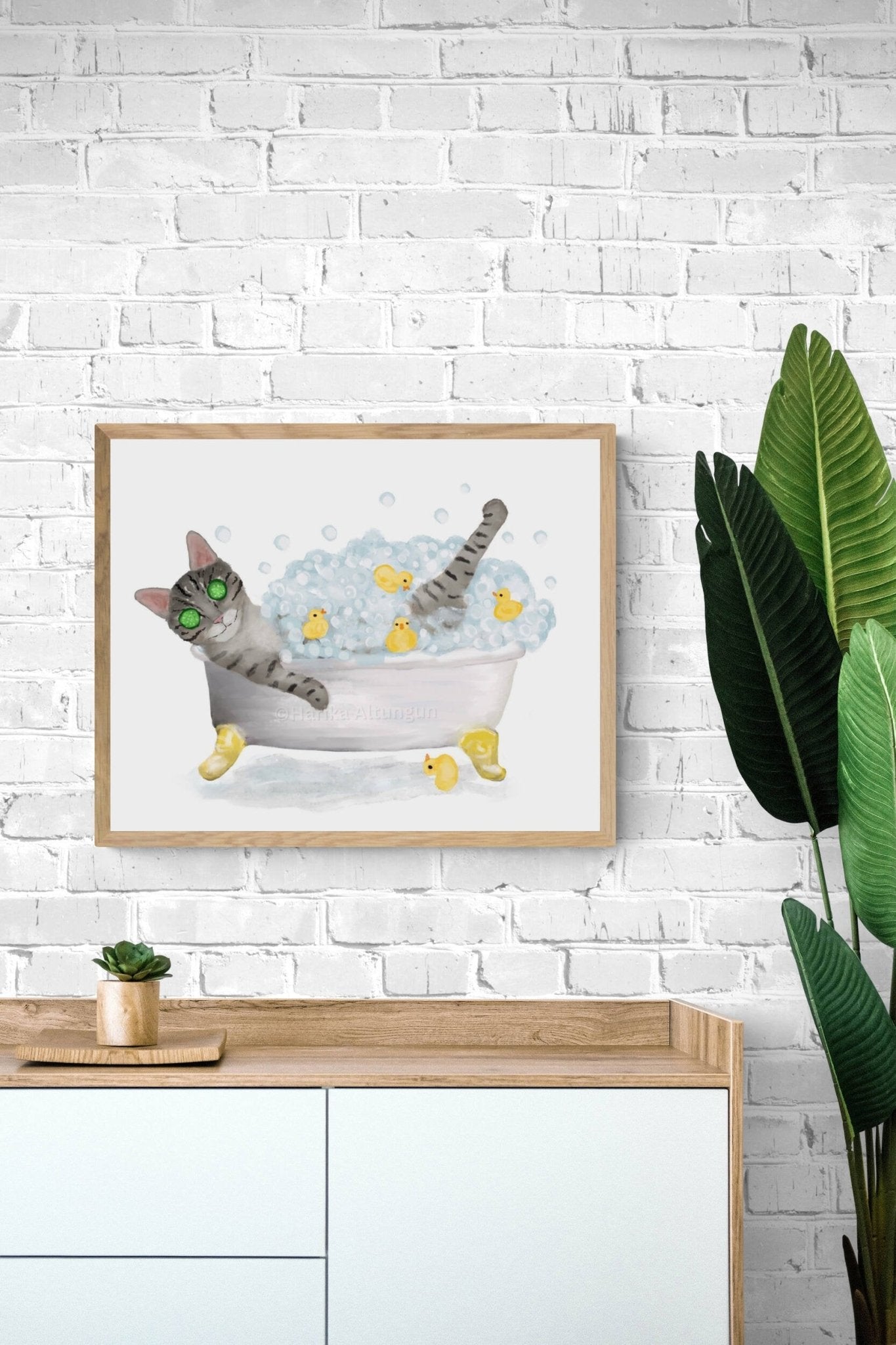 Gray Tabby Cat Bathing Print, Funny Bubble Bath Time, Bathroom Cat Painting, Cat Relaxing In Bath Print, Cat Lover Gift, Ct Mom Dad Gift - MerikaArt