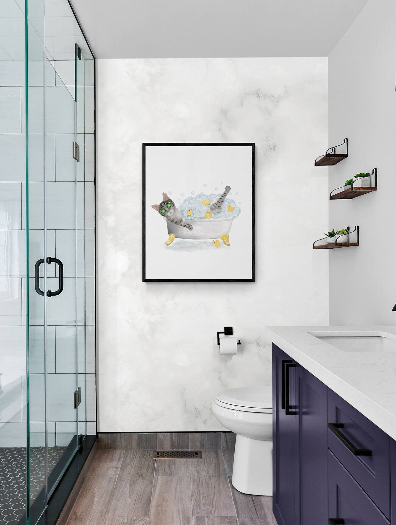 Gray Tabby Cat Bathing Print, Funny Bubble Bath Time, Bathroom Cat Painting, Cat Relaxing In Bath Print, Cat Lover Gift, Ct Mom Dad Gift - MerikaArt